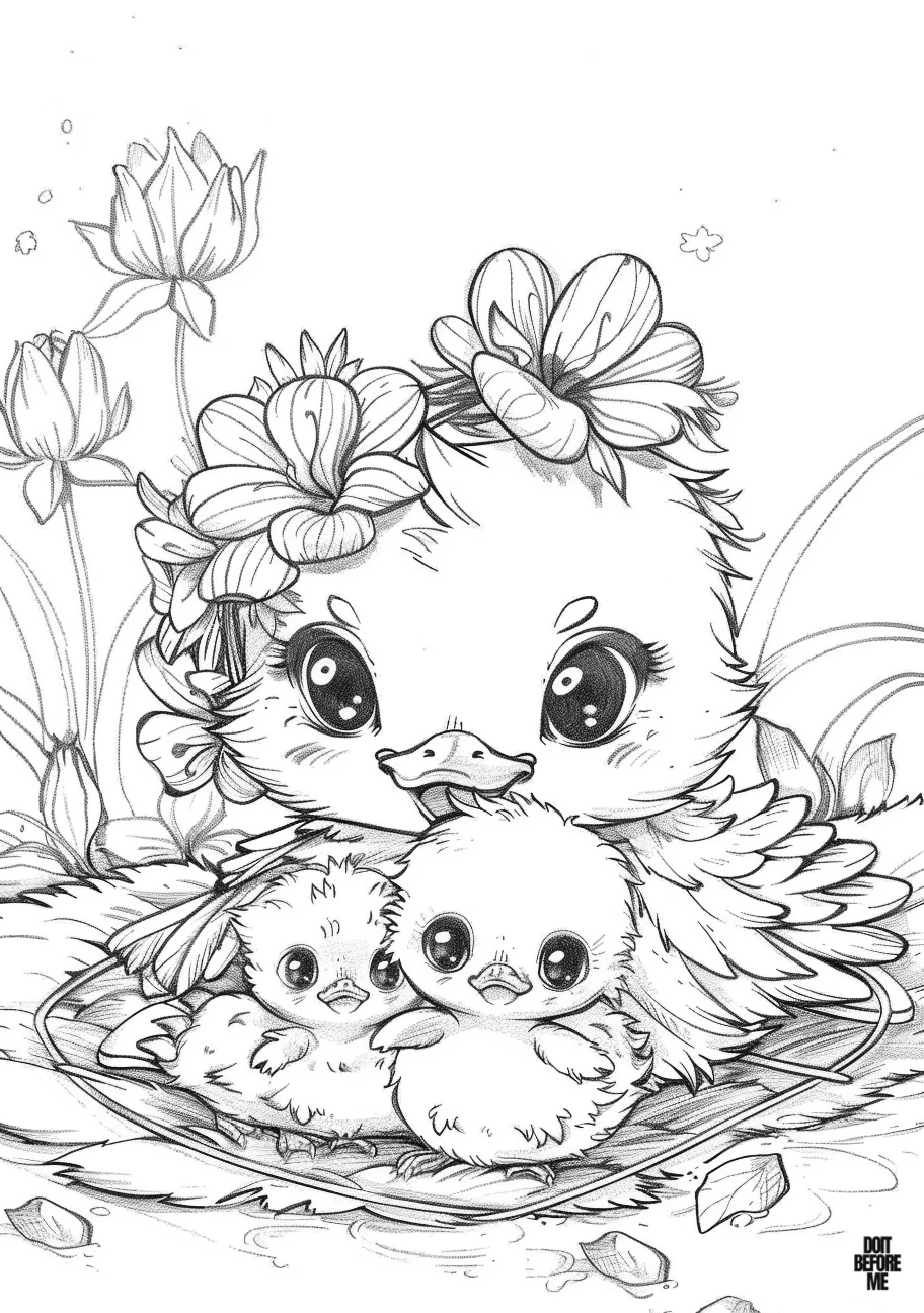 Coloring page of a duck swimming sweetly and happily with its two baby chicks in a lake, with lilies in the background. Mother duck has a crown of flowers on her head. Since this sheet is relatively detailed and complex, it is more suitable for adults to color.