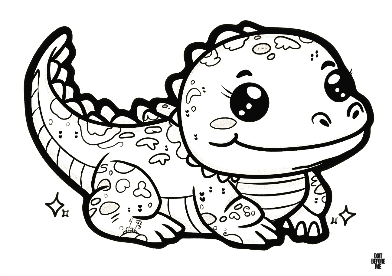 Coloring page for preschool featuring a cute, kawaii baby crocodile smiling and happy, set against a clear white background, easy to print.