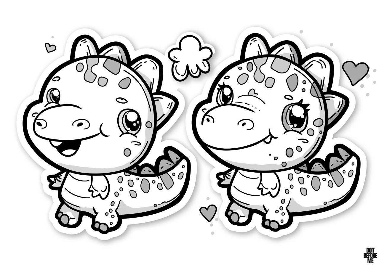 Printable coloring page for preschoolers featuring two cute baby alligators with big heads and tiny bodies, accompanied by small clouds and hearts in the background.