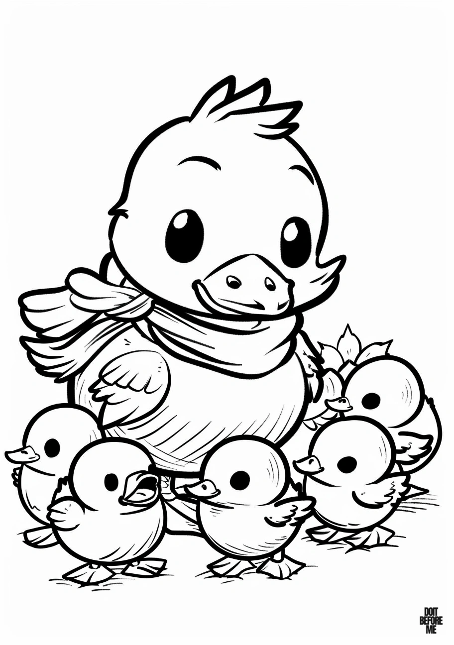 Printable coloring page featuring a mother duck surrounded by her five tiny cute ducklings. Since it is designed in a clear and easy manner, it is suitable for children.