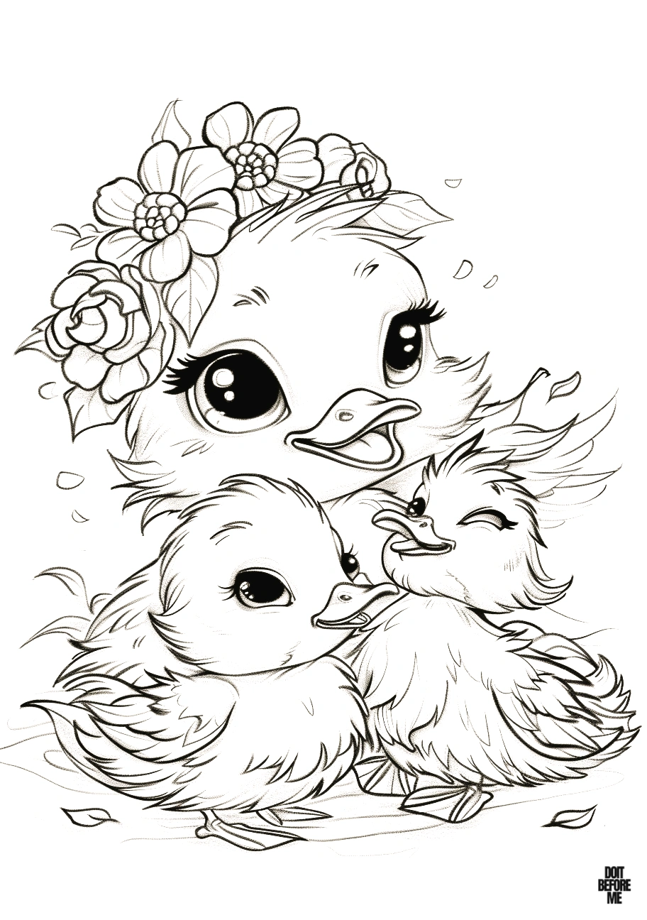 Printable coloring page featuring a mother duck adorned with a floral crown, accompanied by two cute ducklings. One of the baby ducks has its eyes closed and is leaning on its mother. Suitable for kids coloring.