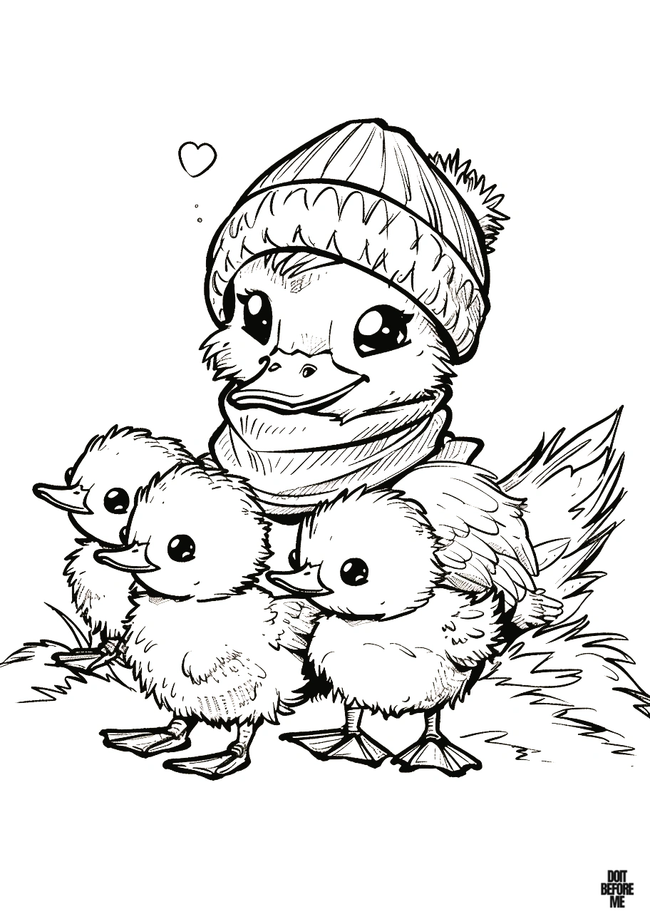 Printable coloring page depicting a charming realistic scene of a mother duck adorned with a beret and scarf and her three cute ducklings, suitable for adults.