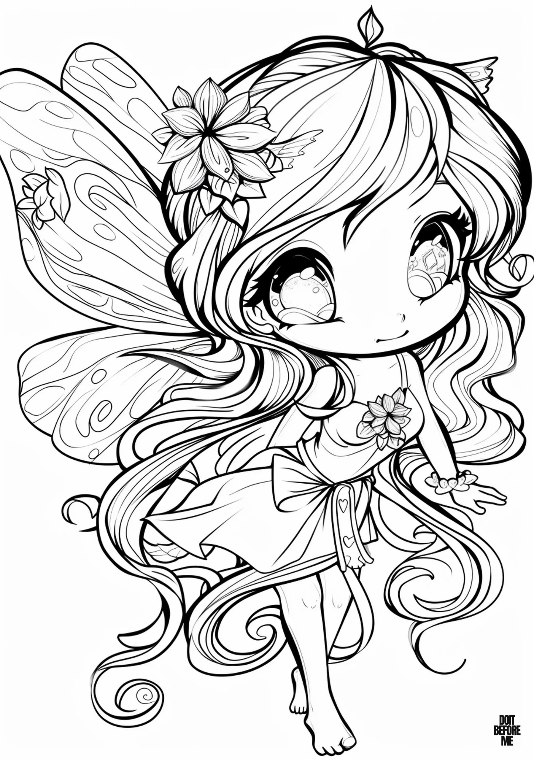 Free printable coloring page featuring a girl fairy in an anime concept, designed to appeal to adults with its detailed design.