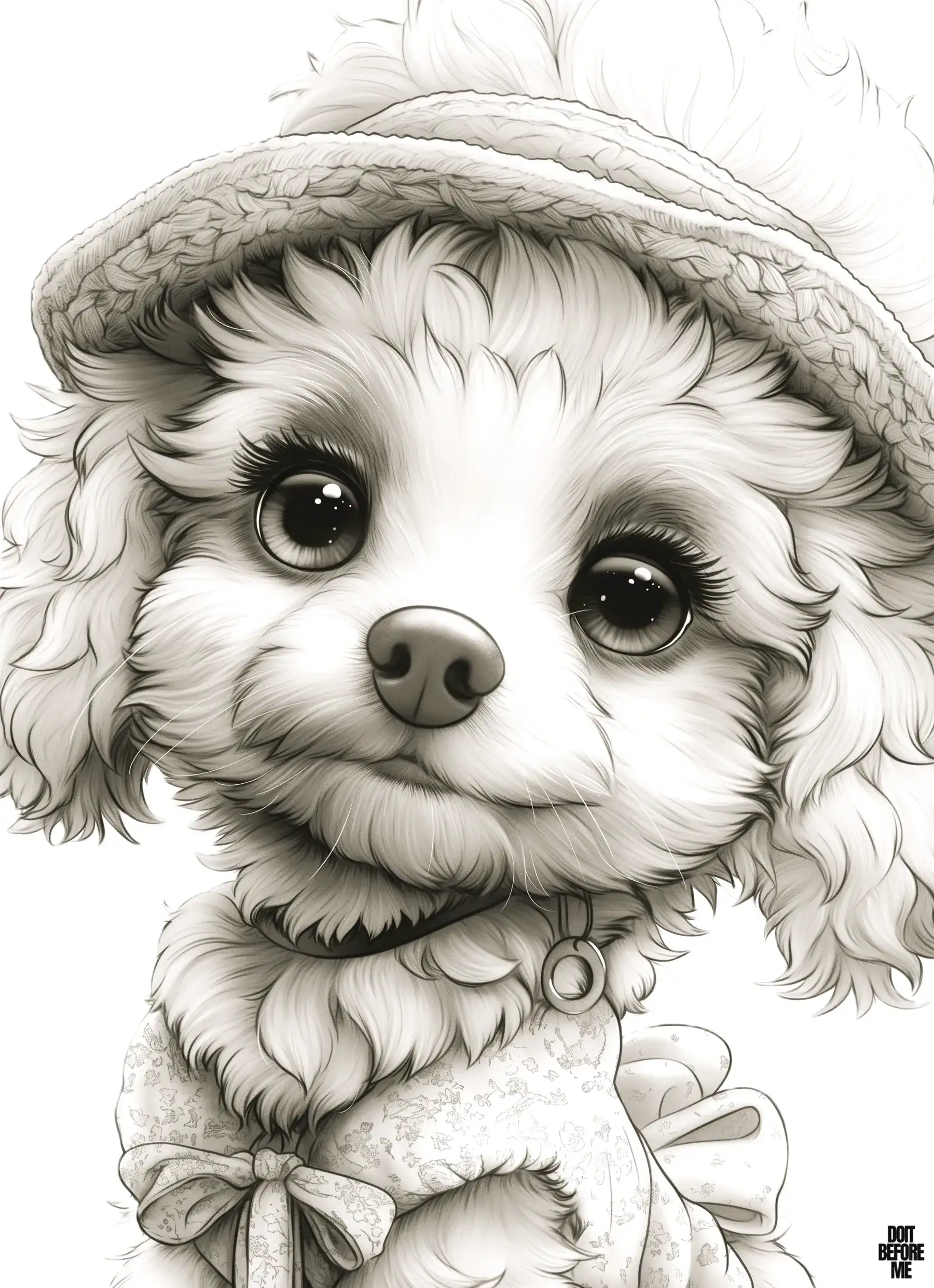 Printable coloring page featuring a cheerful baby poodle puppy wearing a charming hat with a ribbon around its neck, showcasing bright, expressive eyes, and a joyful demeanor.