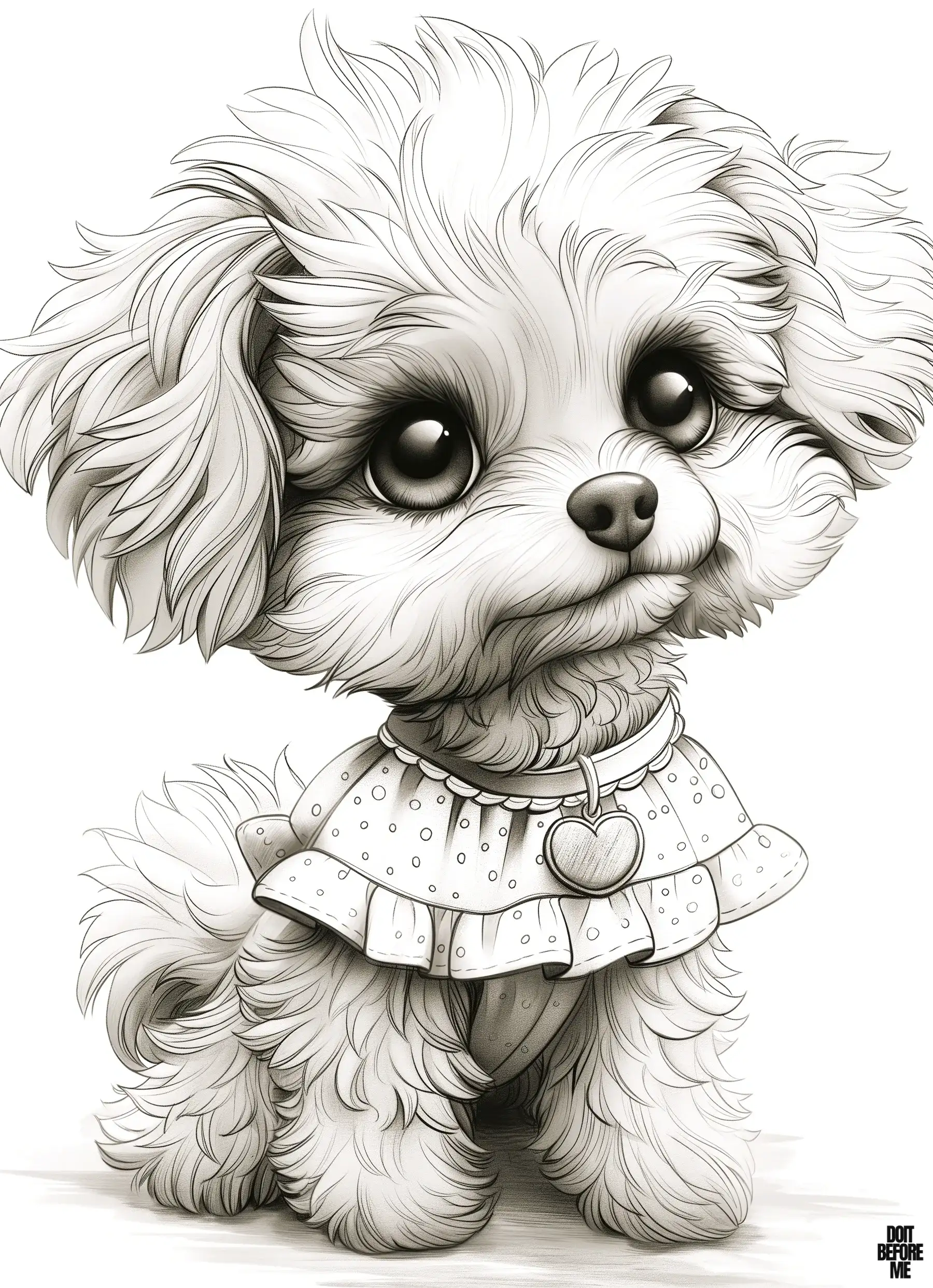 Printable coloring page featuring a cute baby poodle puppy, perfect for children, especially girls.