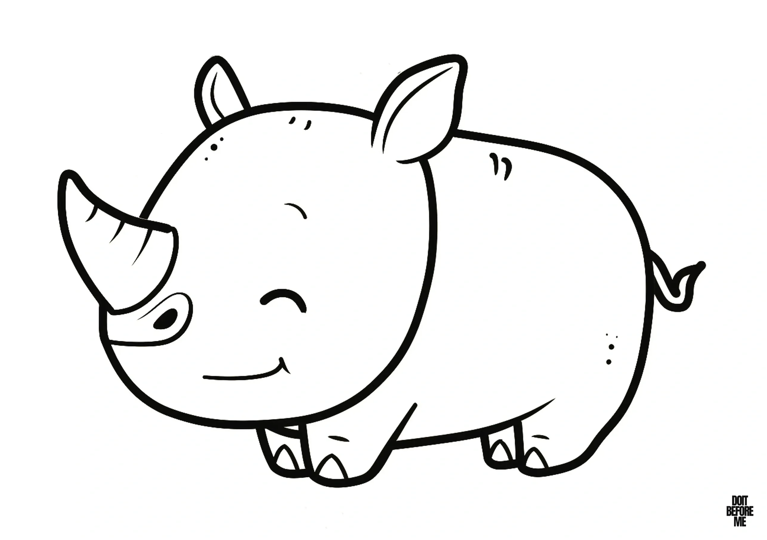 Printable coloring page featuring a simple, easy and clean design of a cute baby rhino for kids, toddlers, and preschoolers.