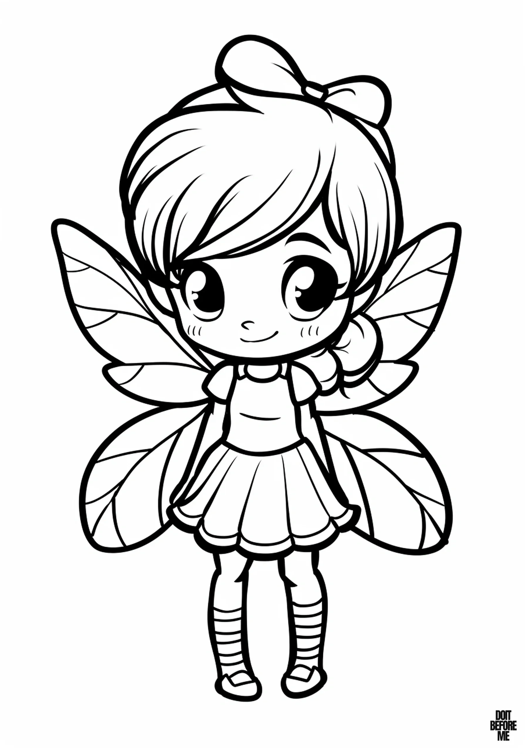 Printable coloring page featuring a beautiful cute fairy with a gentle expression, adorned with a playful buckle, socks, and large kawaii eyes, due to its easy design suitable for kids.