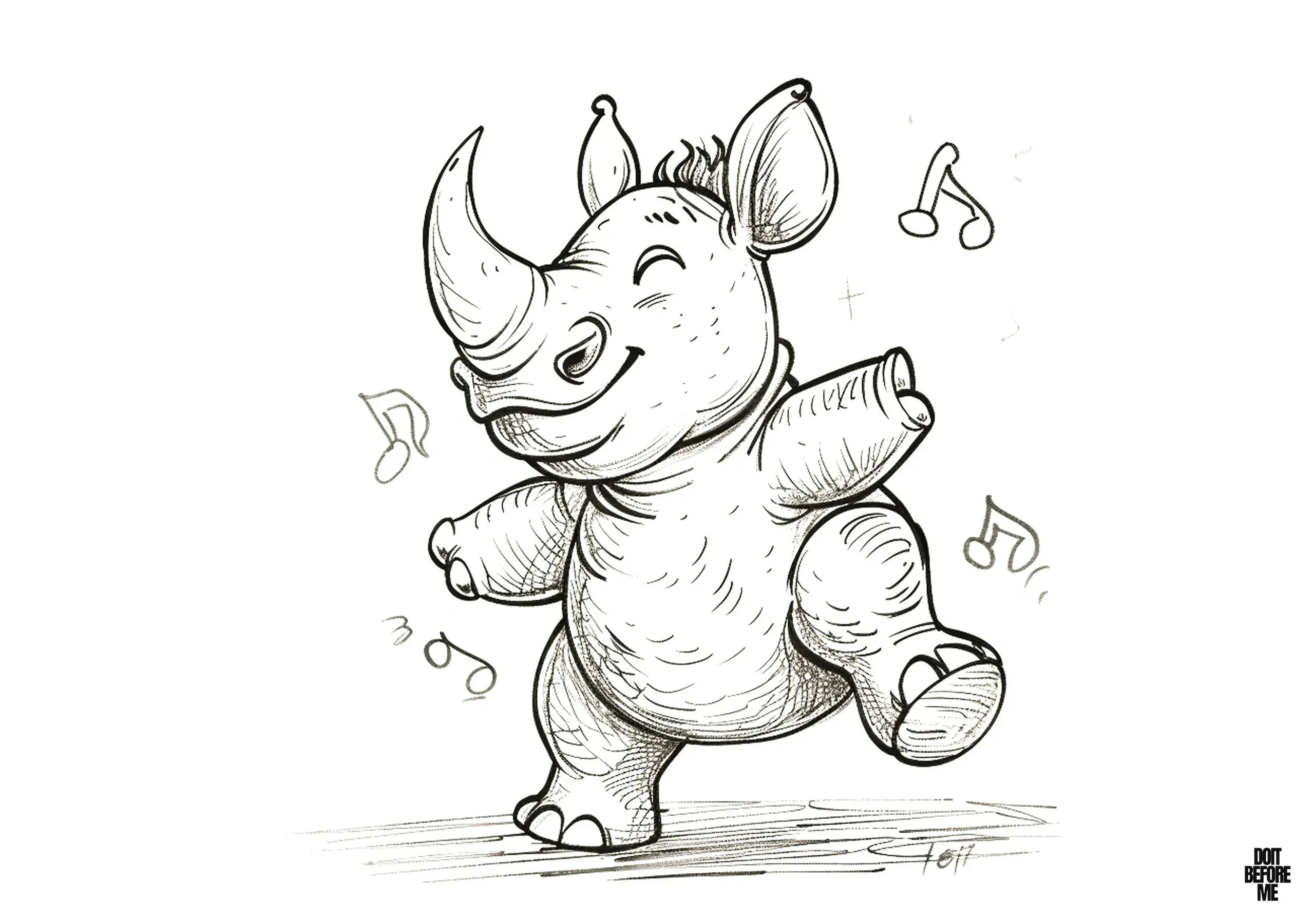 Printable coloring page about a cute rhinoceros dancing joyfully and peacefully on two legs with his eyes closed. There are musical notes around the rhinoceros.