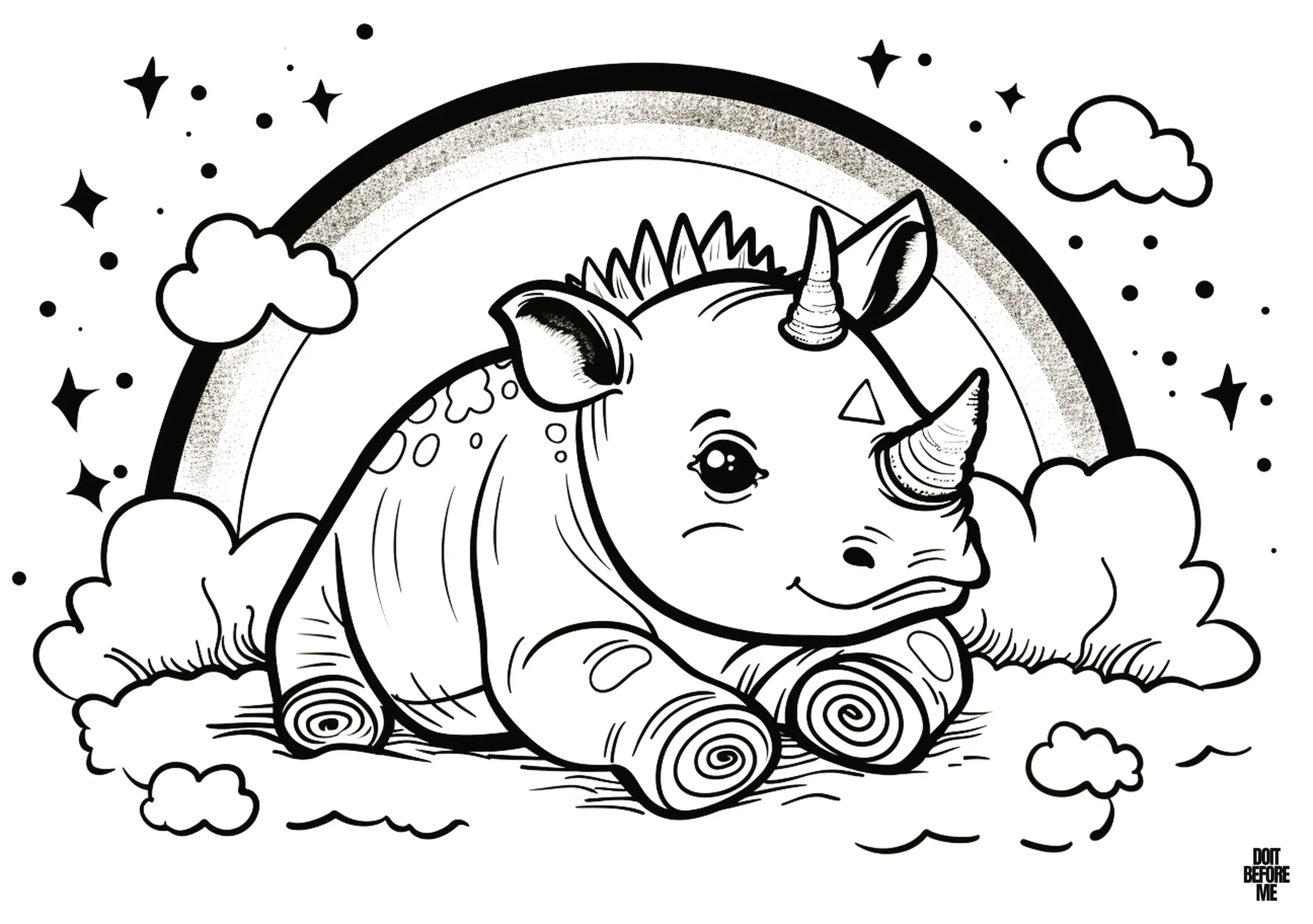 Coloring page featuring a baby rhino resting peacefully against a backdrop of a rainbow, twinkling stars, and fluffy clouds, designed for both kids and adults.