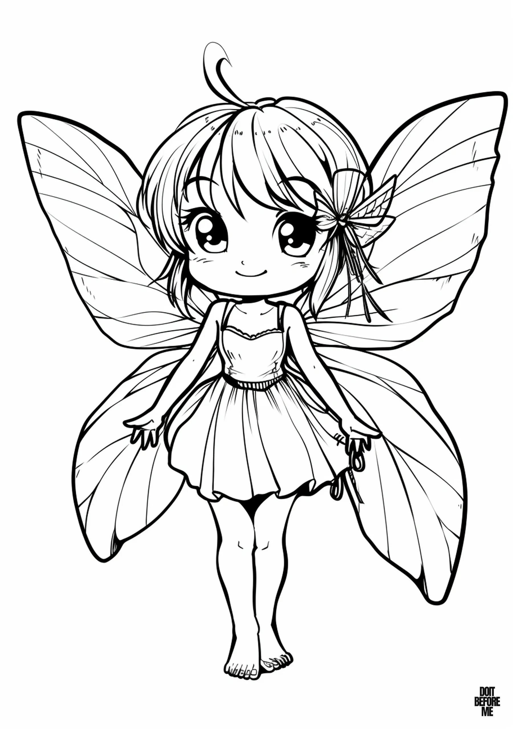 Printable coloring page featuring a cute fairy, designed for easy coloring. Suitable for school-age children, with a clear empty white background to print.