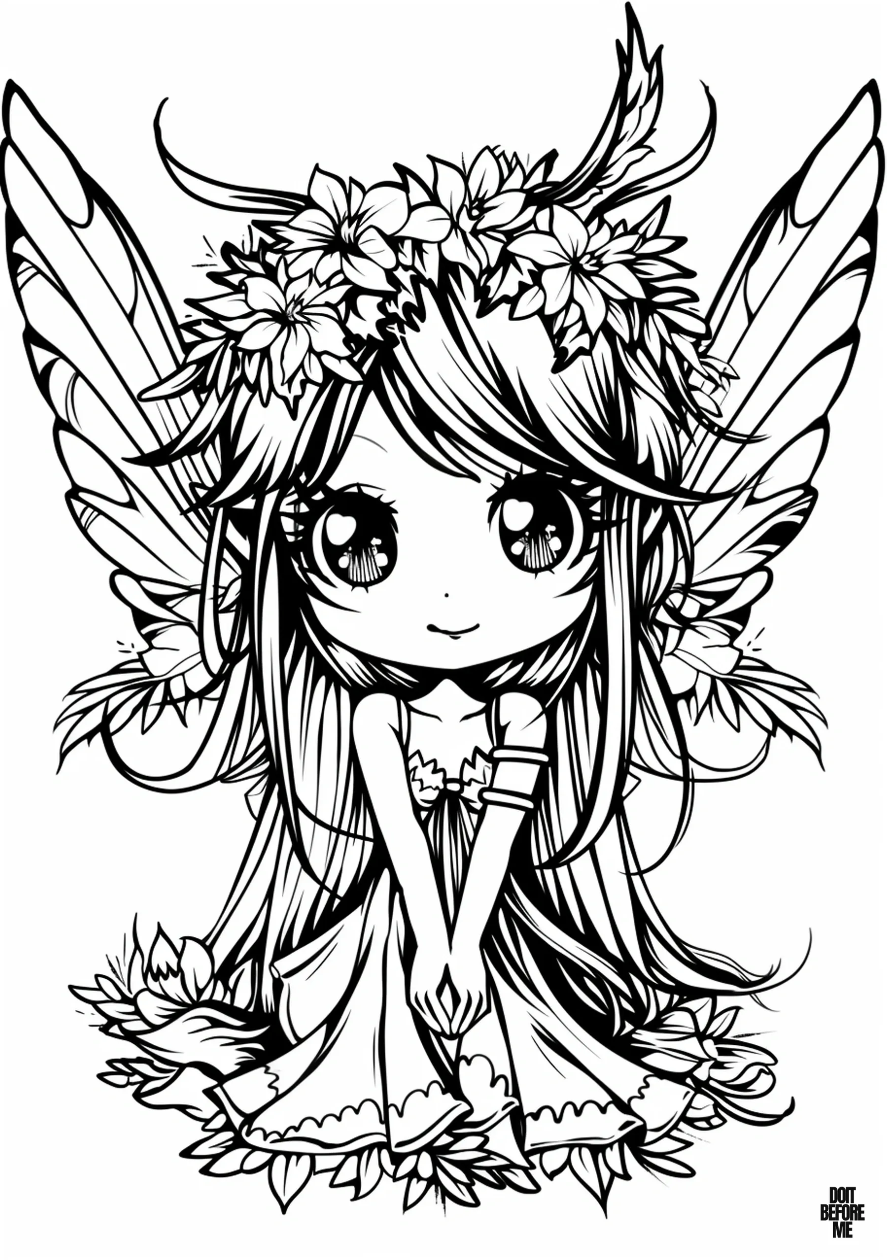 Free printable coloring page featuring a cute princess fairy, suitable for kids and adults. The character has large, kawaii anime-style eyes and wears a flower crown.