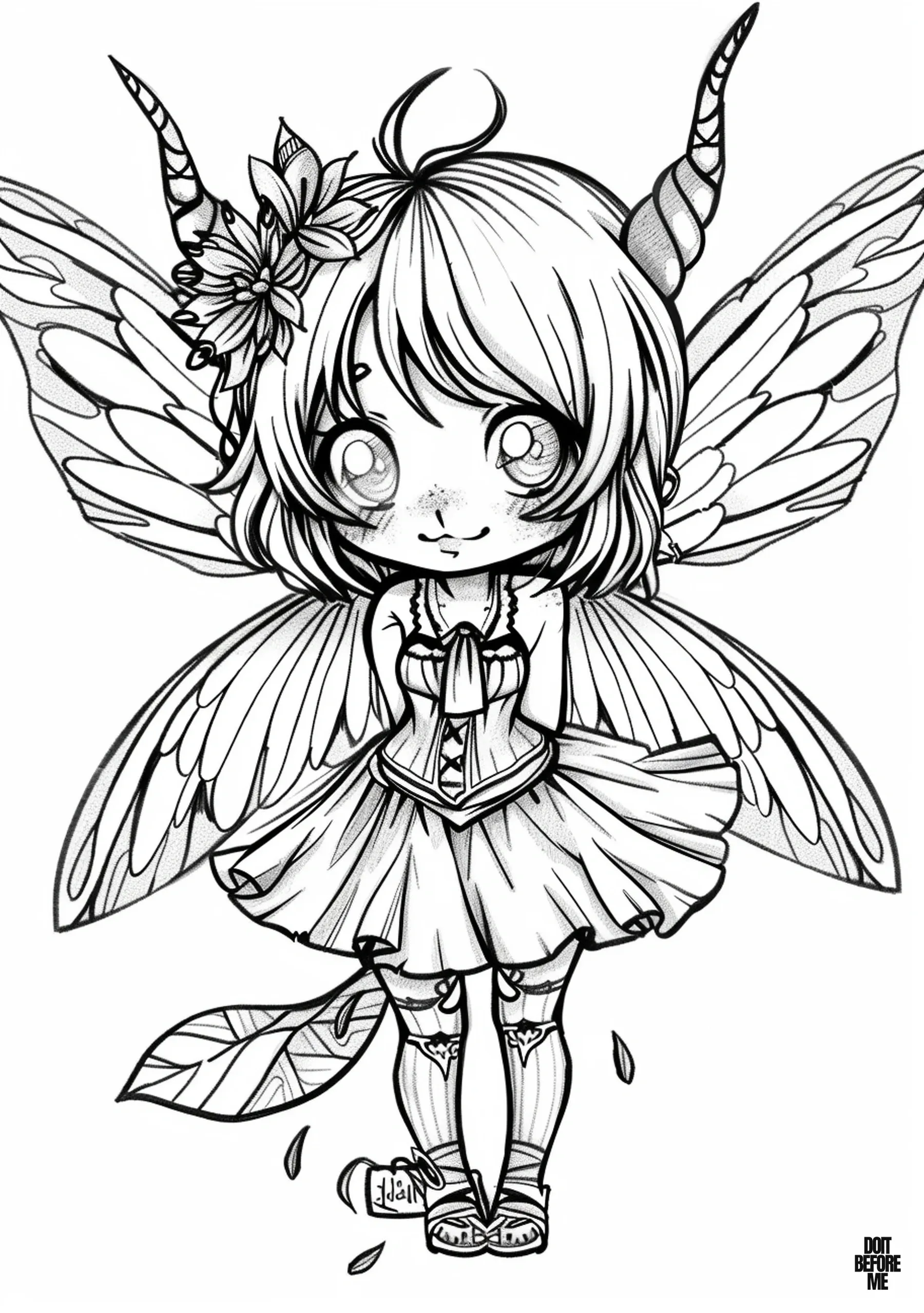 Free printable coloring page featuring a cute, whimsical, and endearing fantasy fairy designed for adults. This page showcases a gentle yet mischievous fairy adorned with horns.