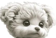 19 Toy Poodle Coloring Pages | Cute & Realistic Printables Detailed coloring page featuring a cute baby poodle puppy walking upright on two legs, adorned with a winter jacket and a woolen sweater. The poodle's eyes shine with character. While it is suitable for kids because of its cuteness, it is also suitable for advanced adult colorists due to its intricate design, including fine details down to the texture of its fur.