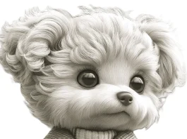 Detailed coloring page featuring a cute baby poodle puppy walking upright on two legs, adorned with a winter jacket and a woolen sweater. The poodle's eyes shine with character. While it is suitable for kids because of its cuteness, it is also suitable for advanced adult colorists due to its intricate design, including fine details down to the texture of its fur.