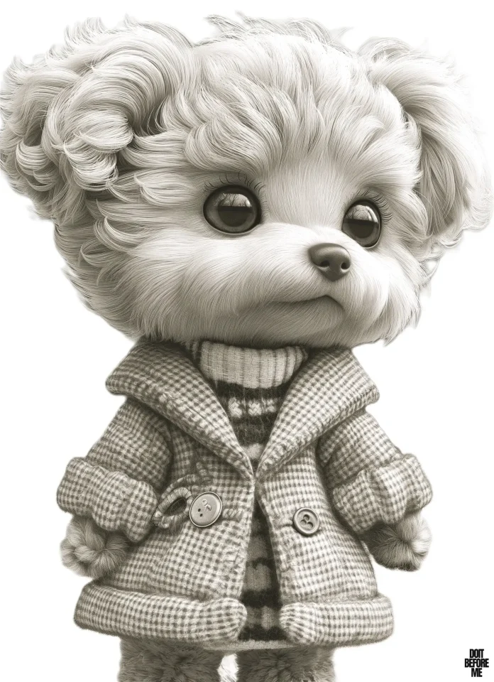 Detailed coloring page featuring a cute baby poodle puppy walking upright on two legs, adorned with a winter jacket and a woolen sweater. The poodle's eyes shine with character. While it is suitable for kids because of its cuteness, it is also suitable for advanced adult colorists due to its intricate design, including fine details down to the texture of its fur.