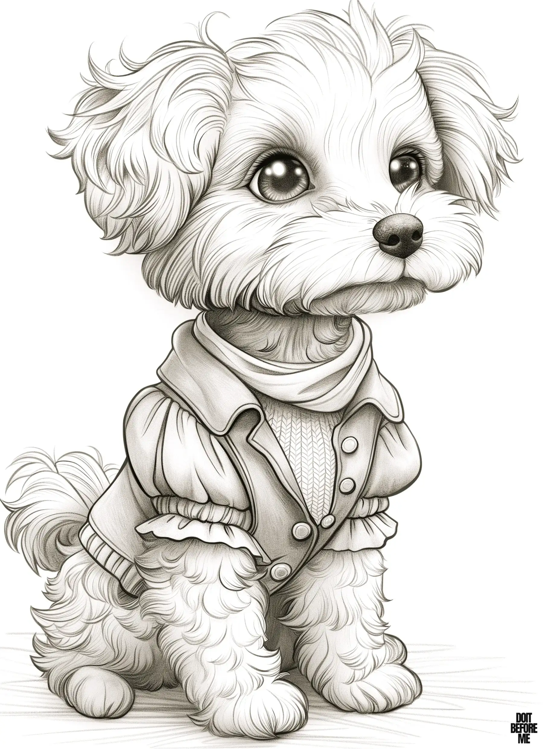 Printable realistic dog coloring page of a small cute puppy sitting gracefully adorned in a medieval dress.