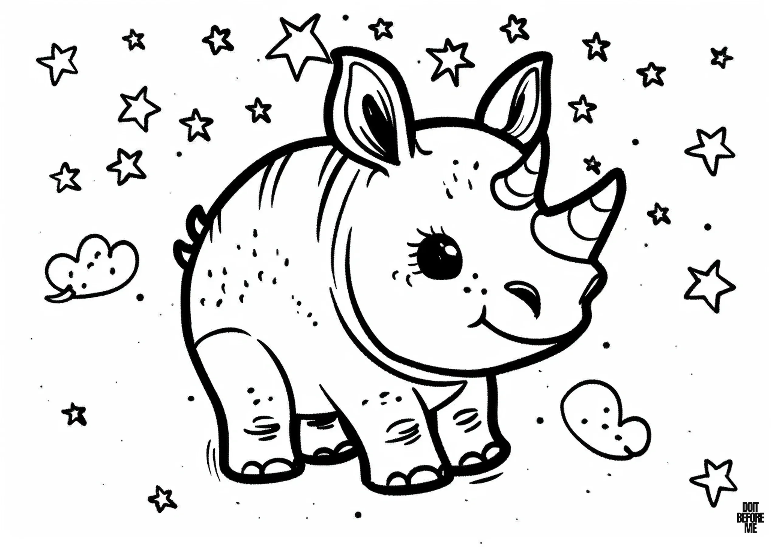 Printable easy coloring page featuring a smiling, cute rhino set against a backdrop of star decorations, designed for kids.