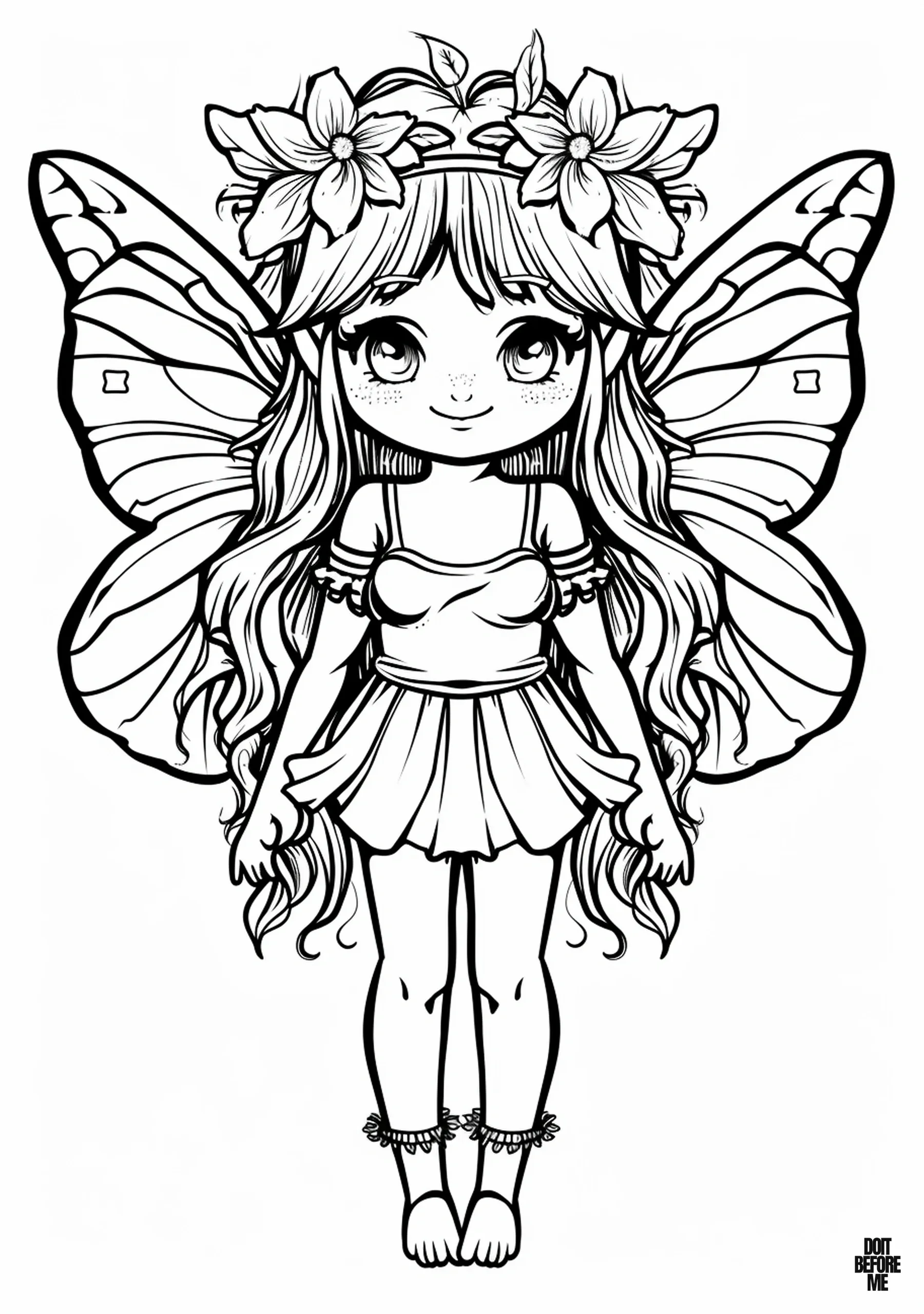 Detailed fairy coloring page, showcasing a serene fairy with a head adorned in flowers and dressed in a strappy outfit. With big expressive eyes and a halo adorning her ankles, this sheet offers both intricate design and simplicity for easy coloring.