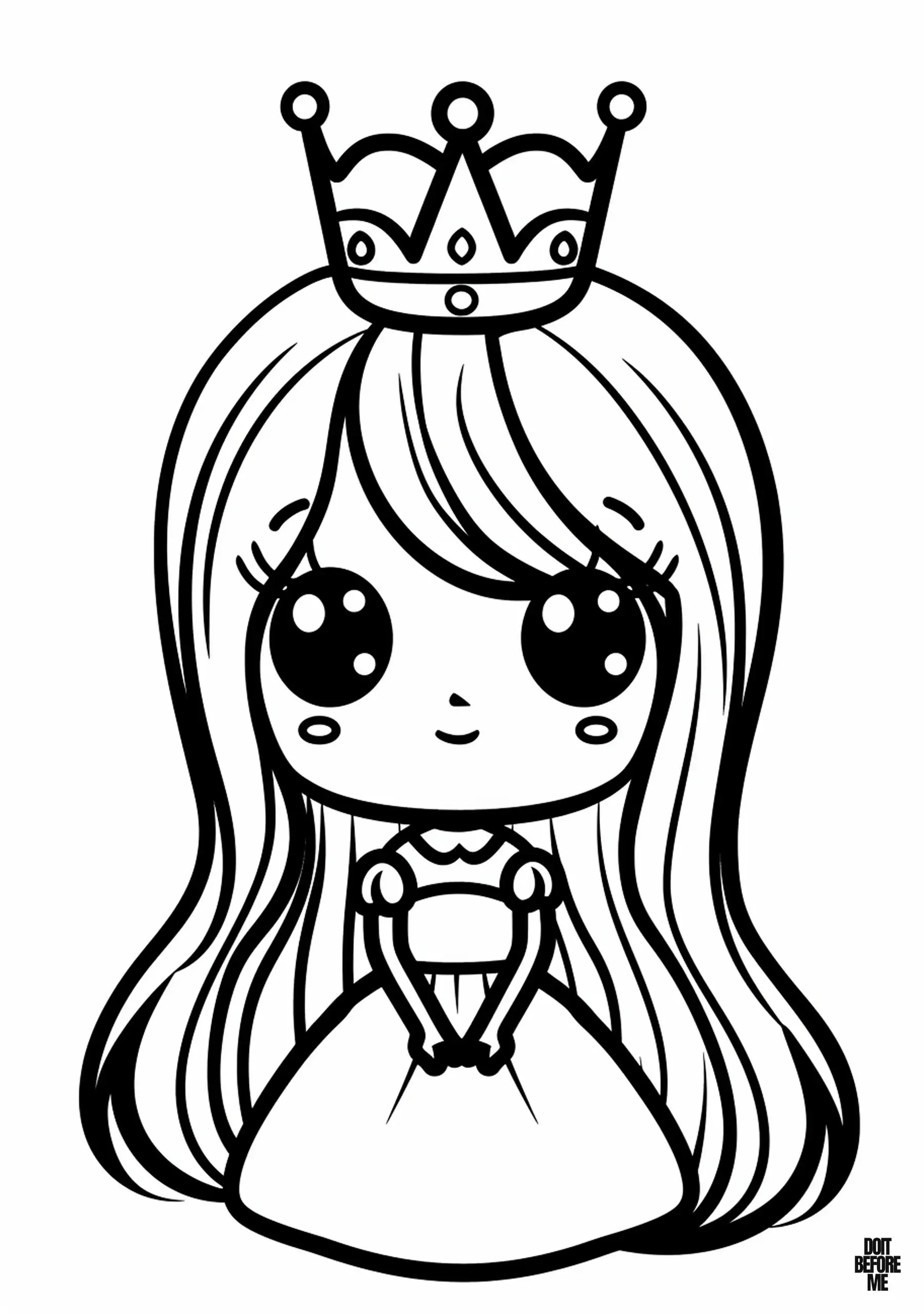 A princess coloring page with bold outlines is designed to be easy for children to color. The crowned princess has big black eyes, and her hands are folded in her lap.