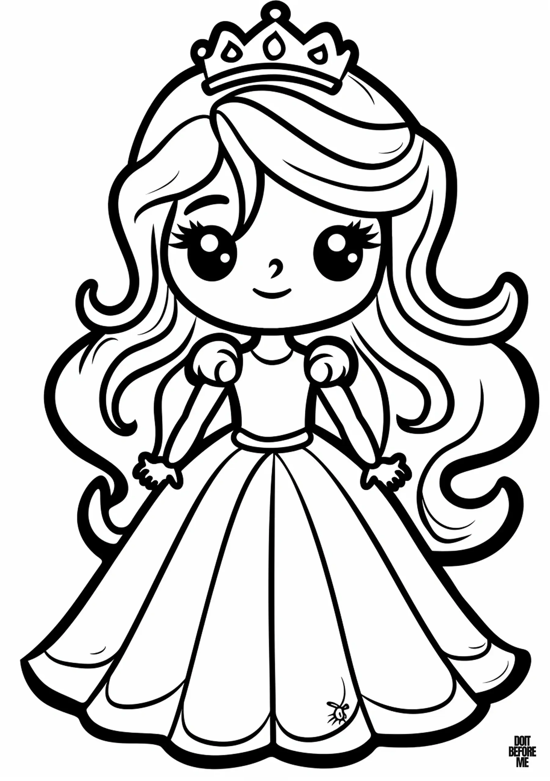 An easy-to-color adult princess with long, wavy hair, wearing a crown and a wide skirt, is depicted with clear lines.