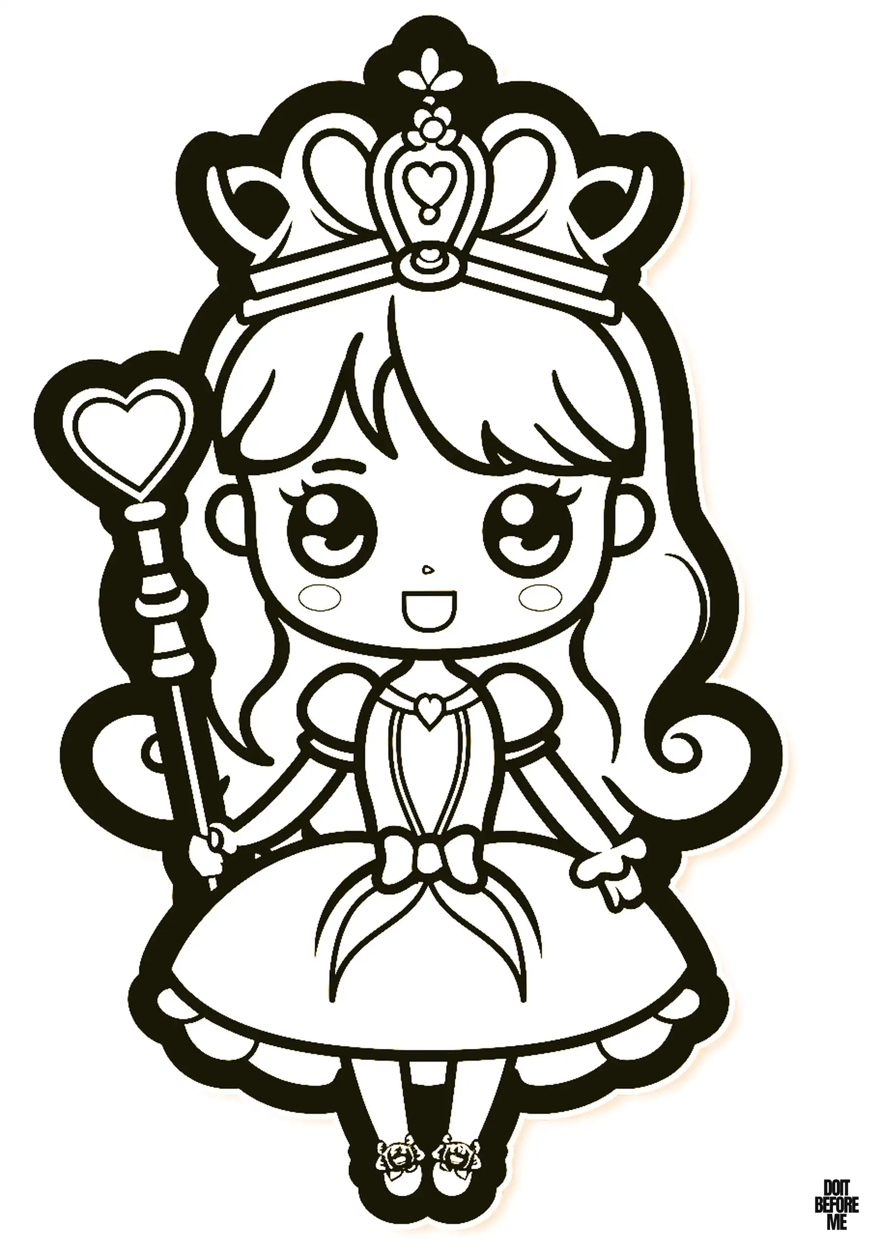 A cute princess, carrying a magical wand with a heart-shaped tip in her hand, smiles with a kawaii cute facial expression and has big eyes. Its outlines are thick and easy to color, making it suitable for girls to color.