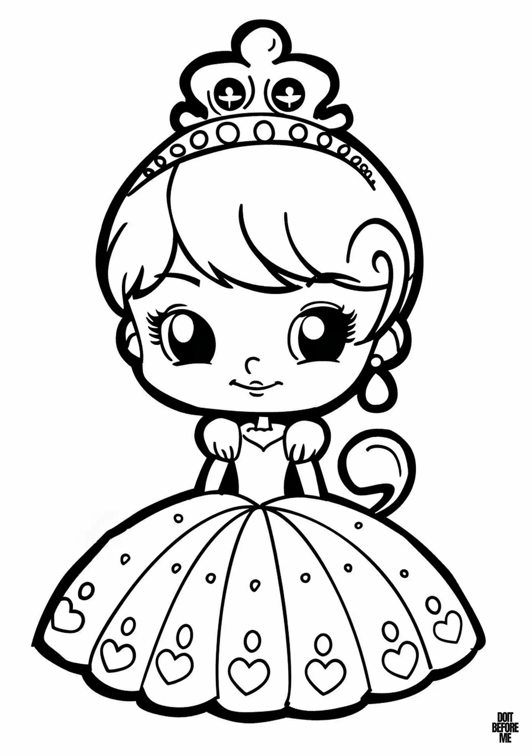 An easy-to-color princess coloring page featuring a noble gown adorned with a wide skirt embellished with hearts at the hem.