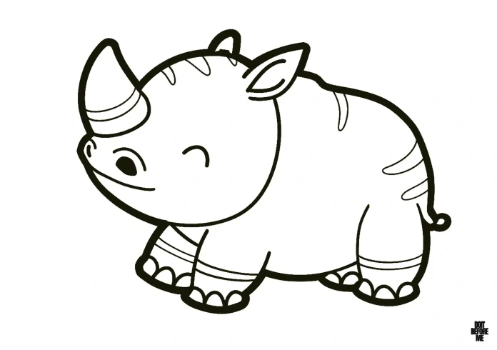 A baby rhino with closed eyes, wearing a cheerful expression, designed as an easy coloring page for toddlers.