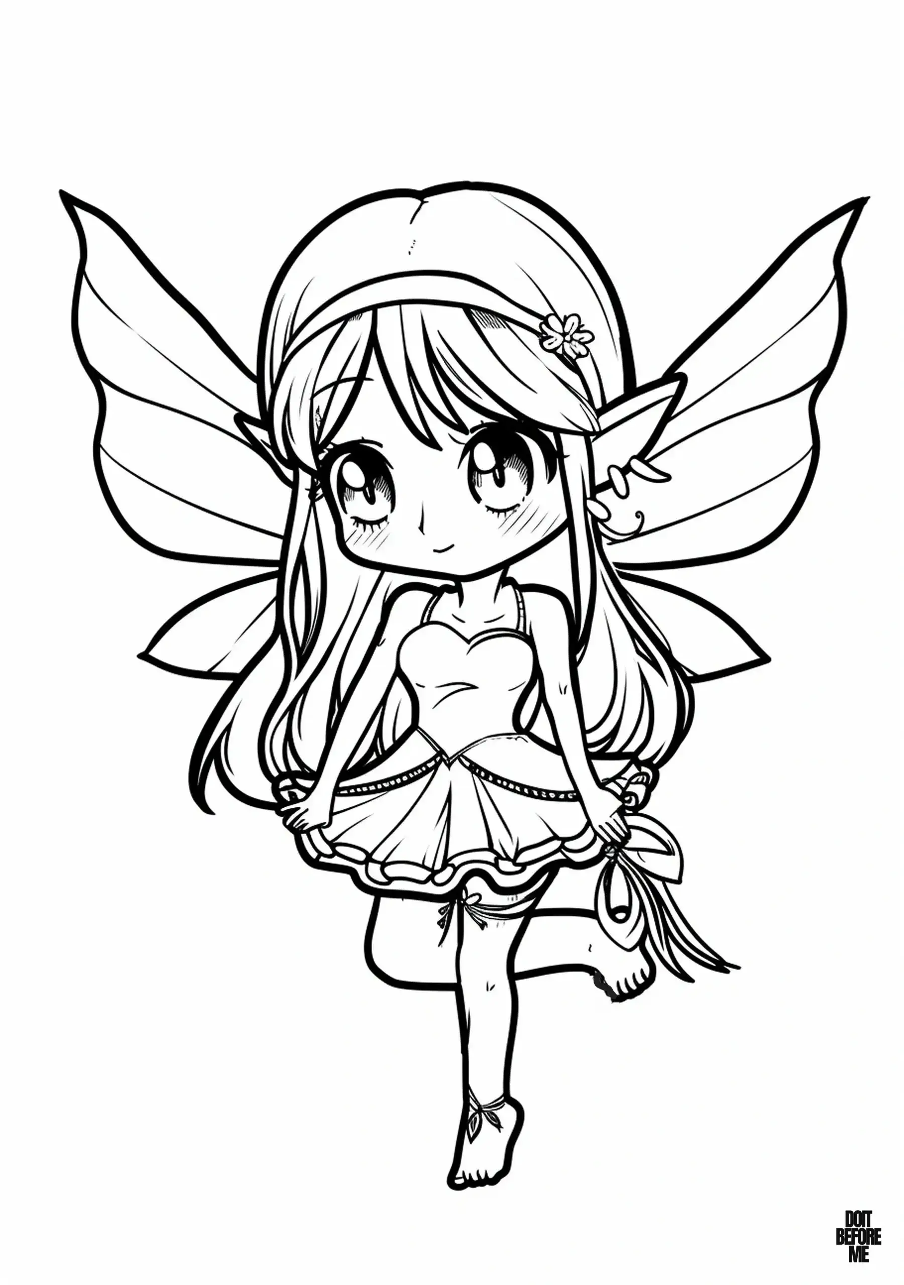 Downloadable fairy coloring page with cute kawaii eyes, wings, and crown, ideal for kids, especially girls.