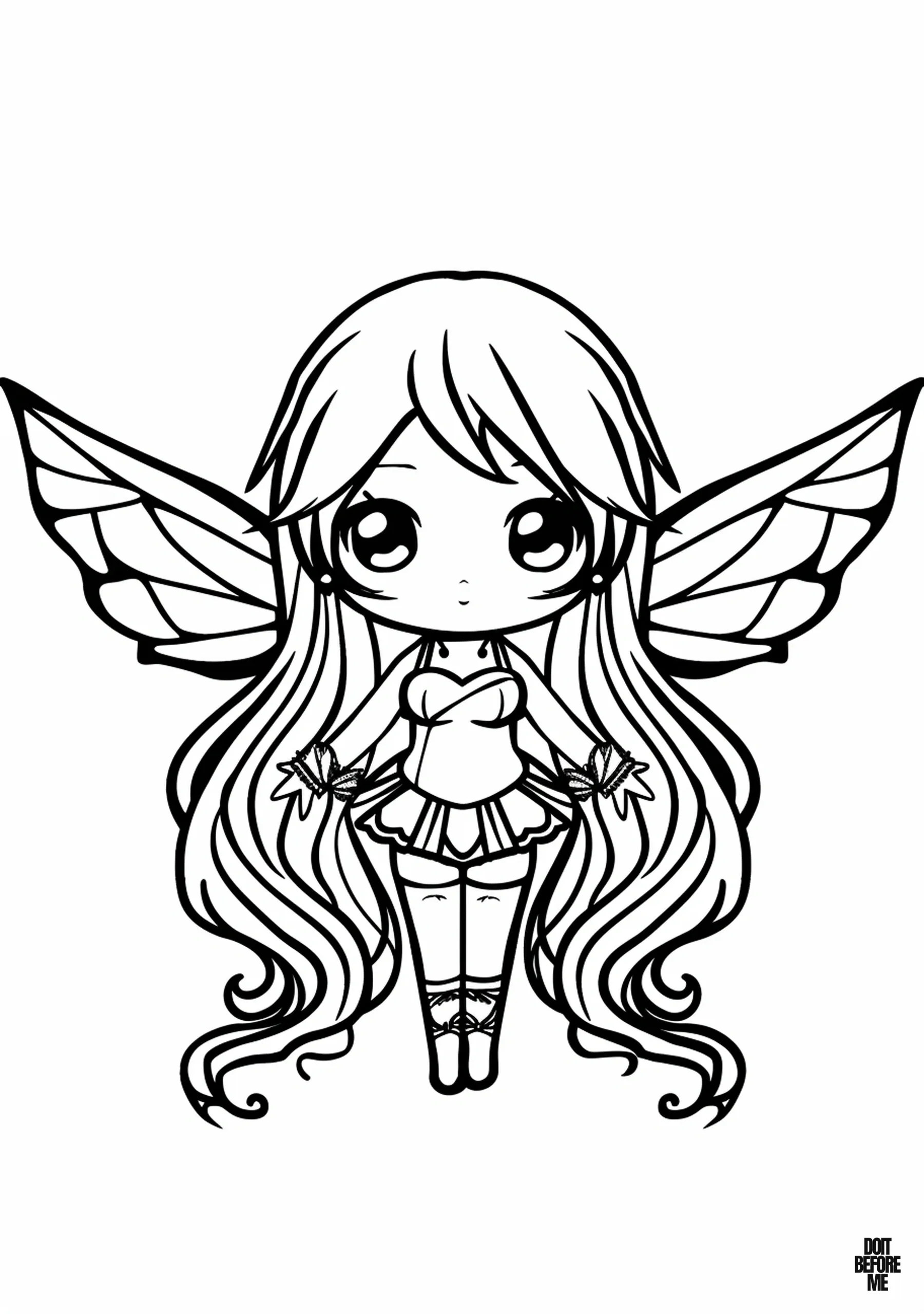 Coloring page illustration featuring a whimsical fairy with flowing, long hair, designed with simplicity for easy coloring, especially for young girls.