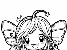 Free printable coloring page designed especially for kids, featuring a cute fairy with big eyes smiling, her hands open to the sides, easy design to color. She wears a star on the tip of her hair.
