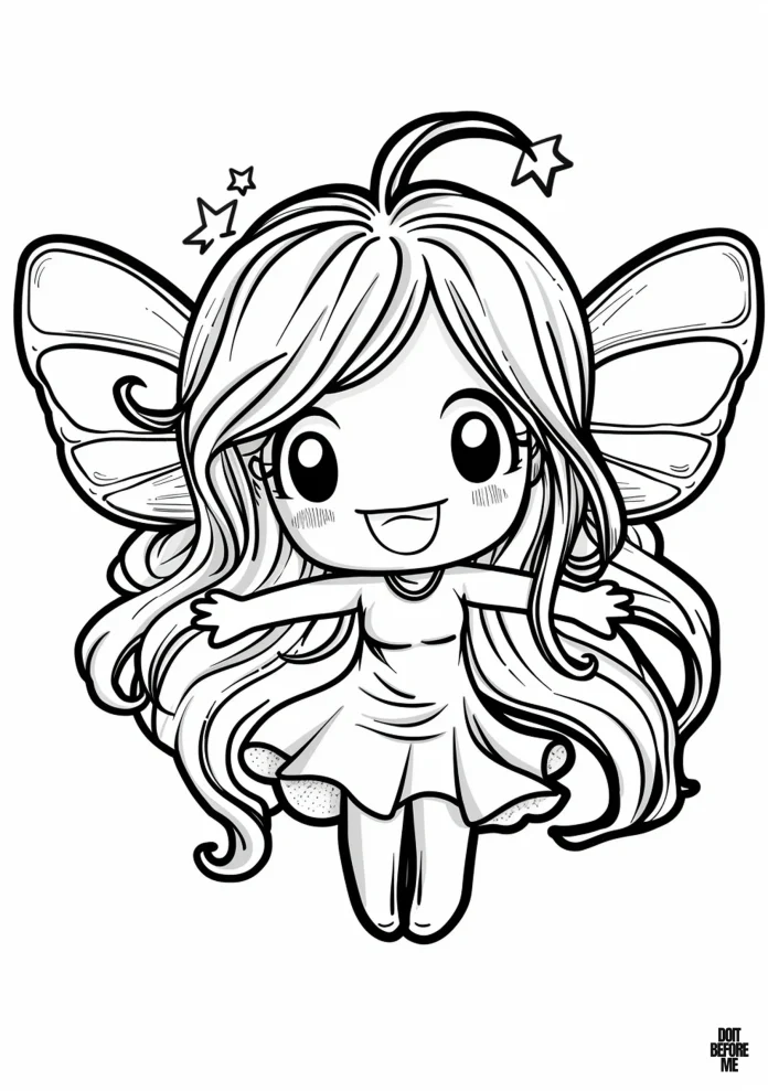 Free printable coloring page designed especially for kids, featuring a cute fairy with big eyes smiling, her hands open to the sides, easy design to color. She wears a star on the tip of her hair.