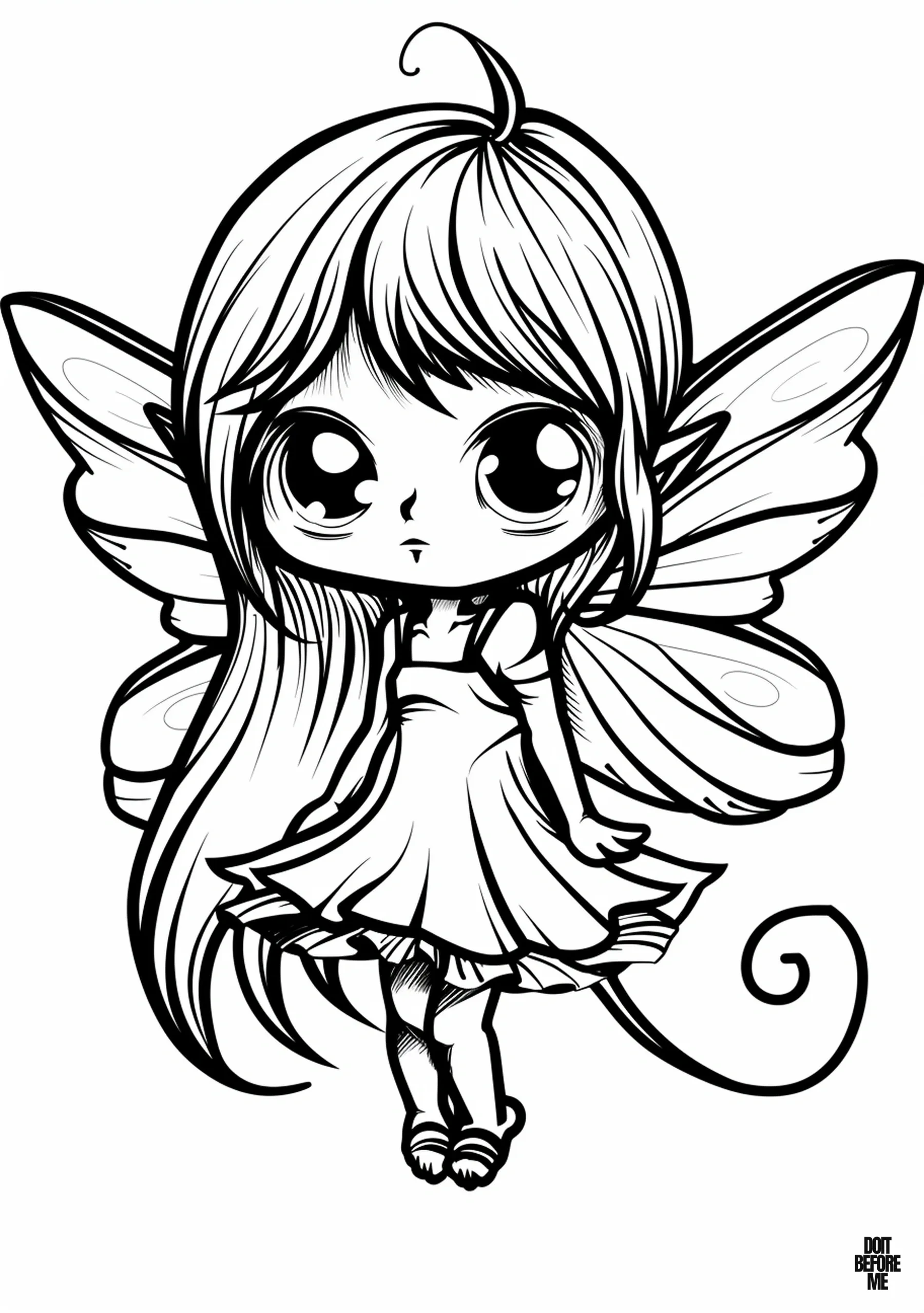 A shy and confused fairy with big eyes, easy to color, suitable for children's coloring page, free printable.