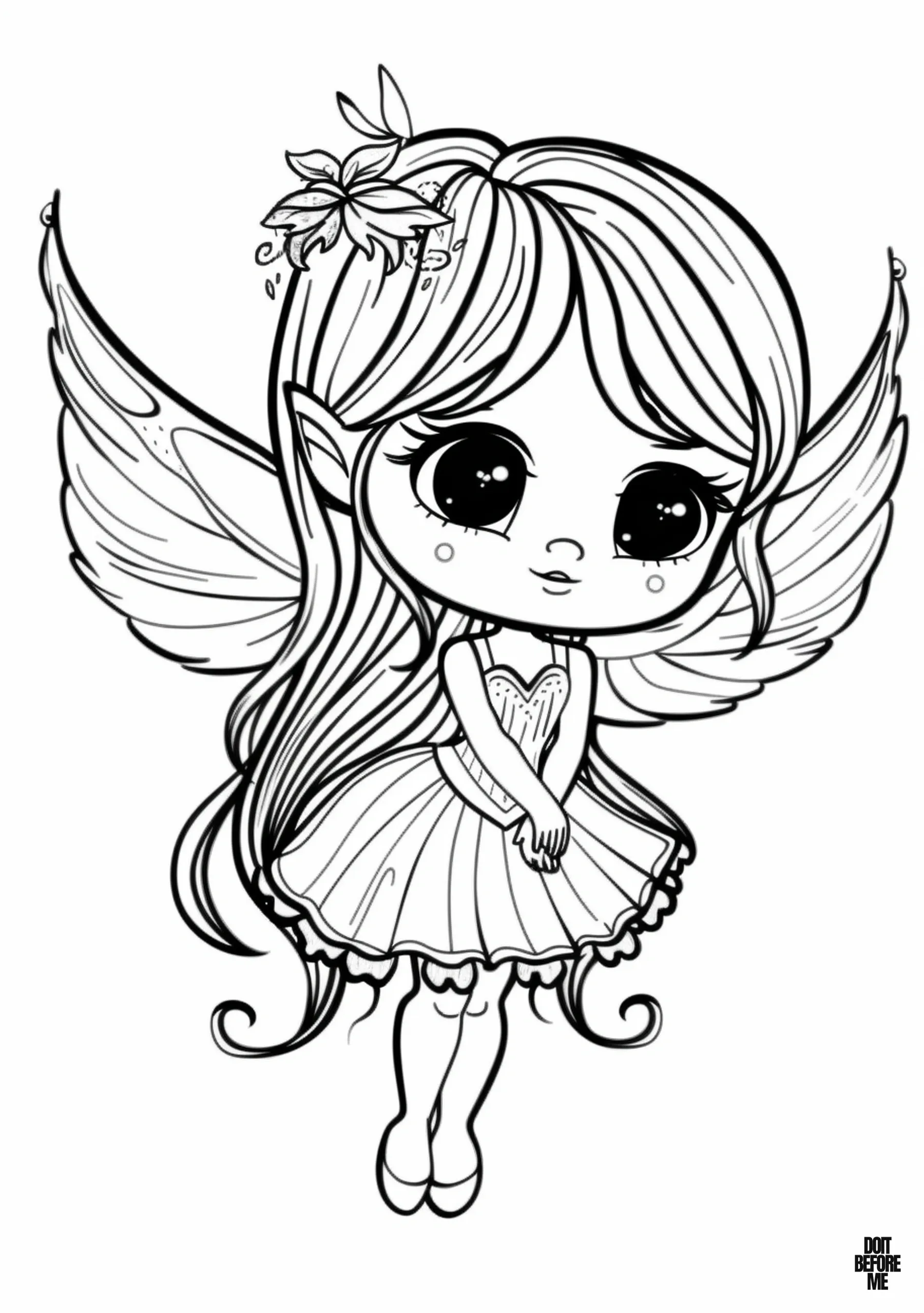 Coloring page of a cute fairy floating down from the air in a caring manner, with her hands clasped. She has big eyes and a cute dress.