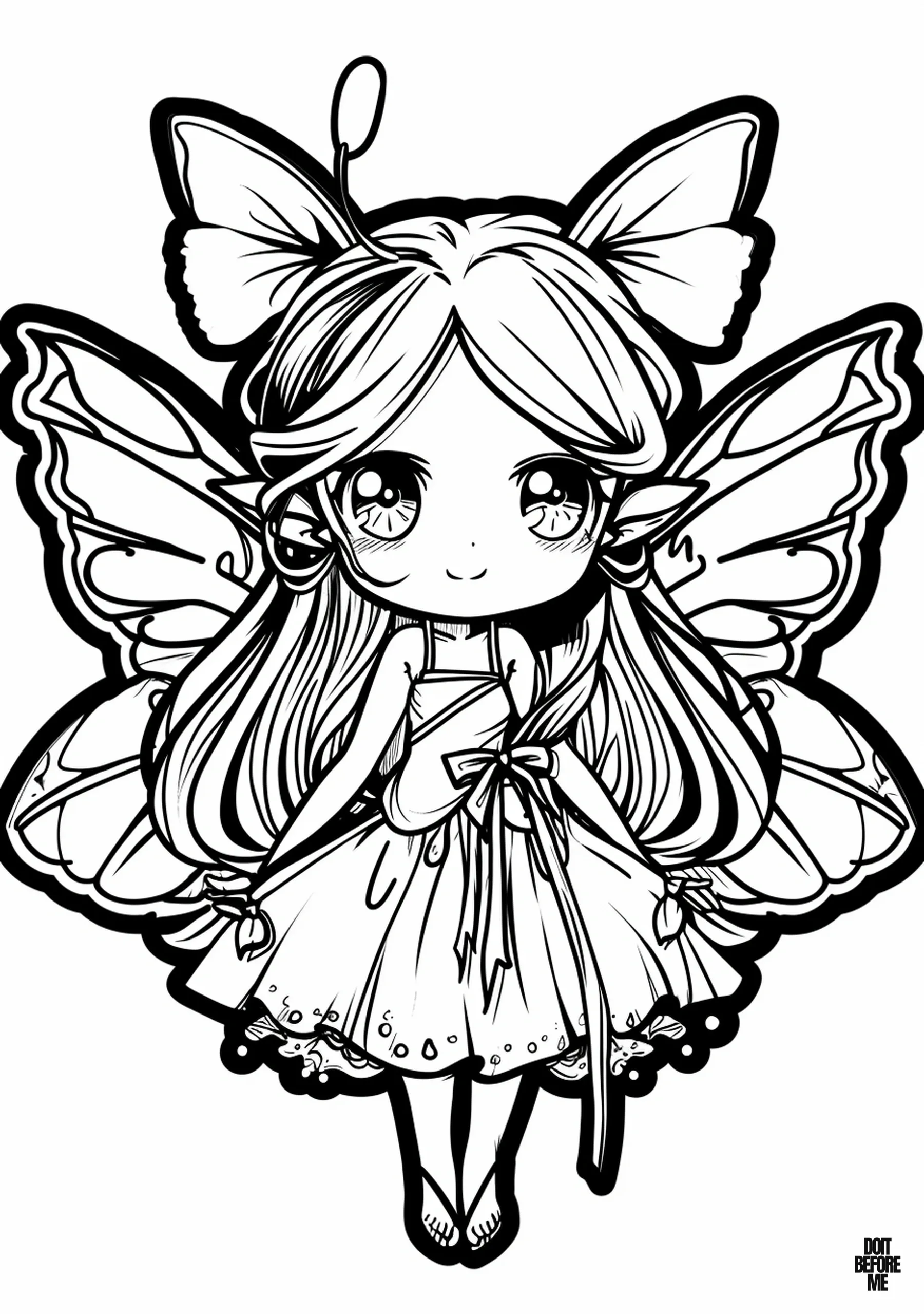 Printable coloring page featuring a fantasy fairy with a kawaii cute design, resembling a butterfly, suitable for girls, kids, and adults.