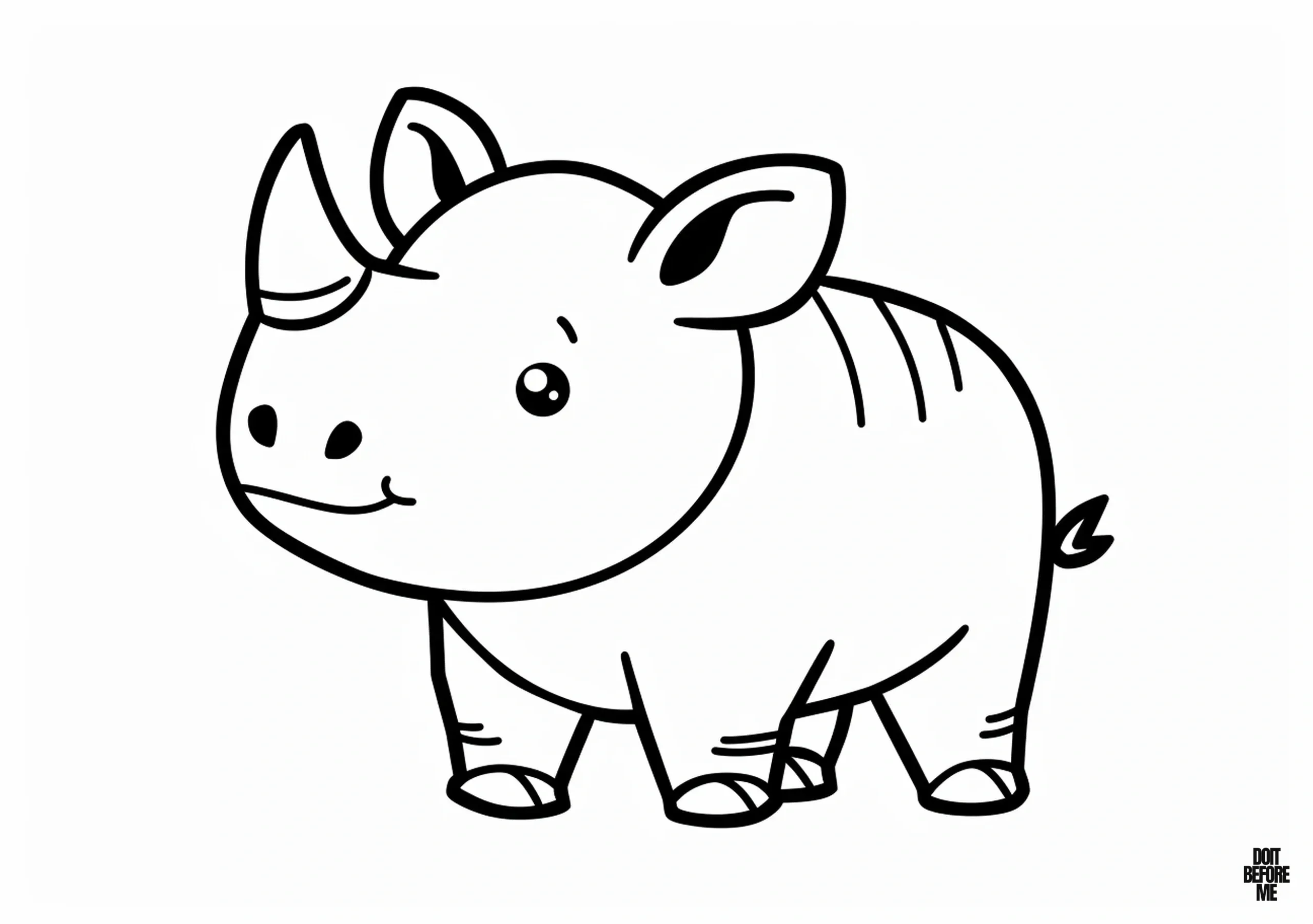 Free printable rhino coloring page with a plain and easy design, ideal for children, toddlers, and preschoolers, as well as adults who appreciate simple designs.