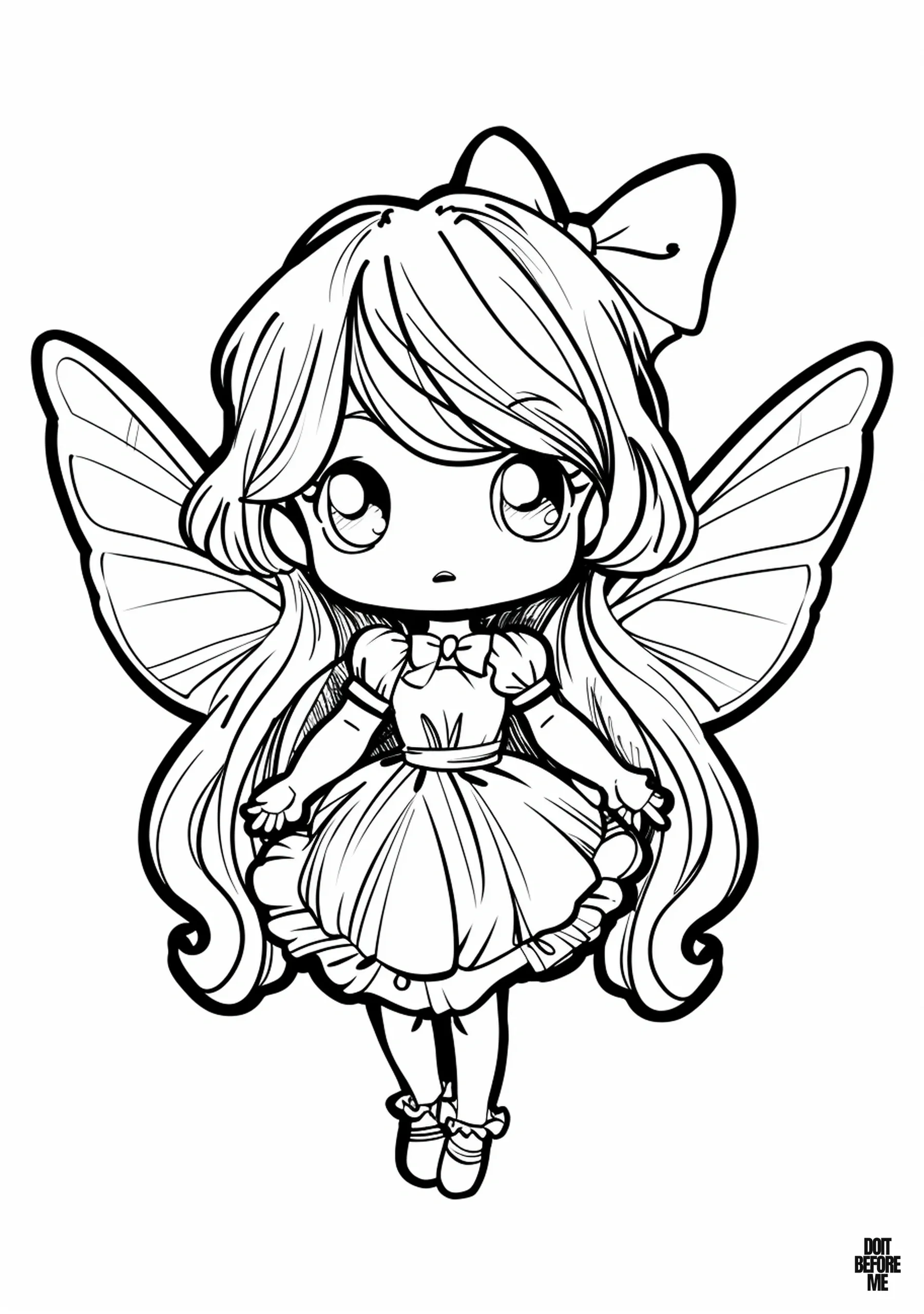 Coloring picture of a simple and cute fairy with big eyes, a buckle, and a cute dress, her wings spread to both sides; coloring page for girls.