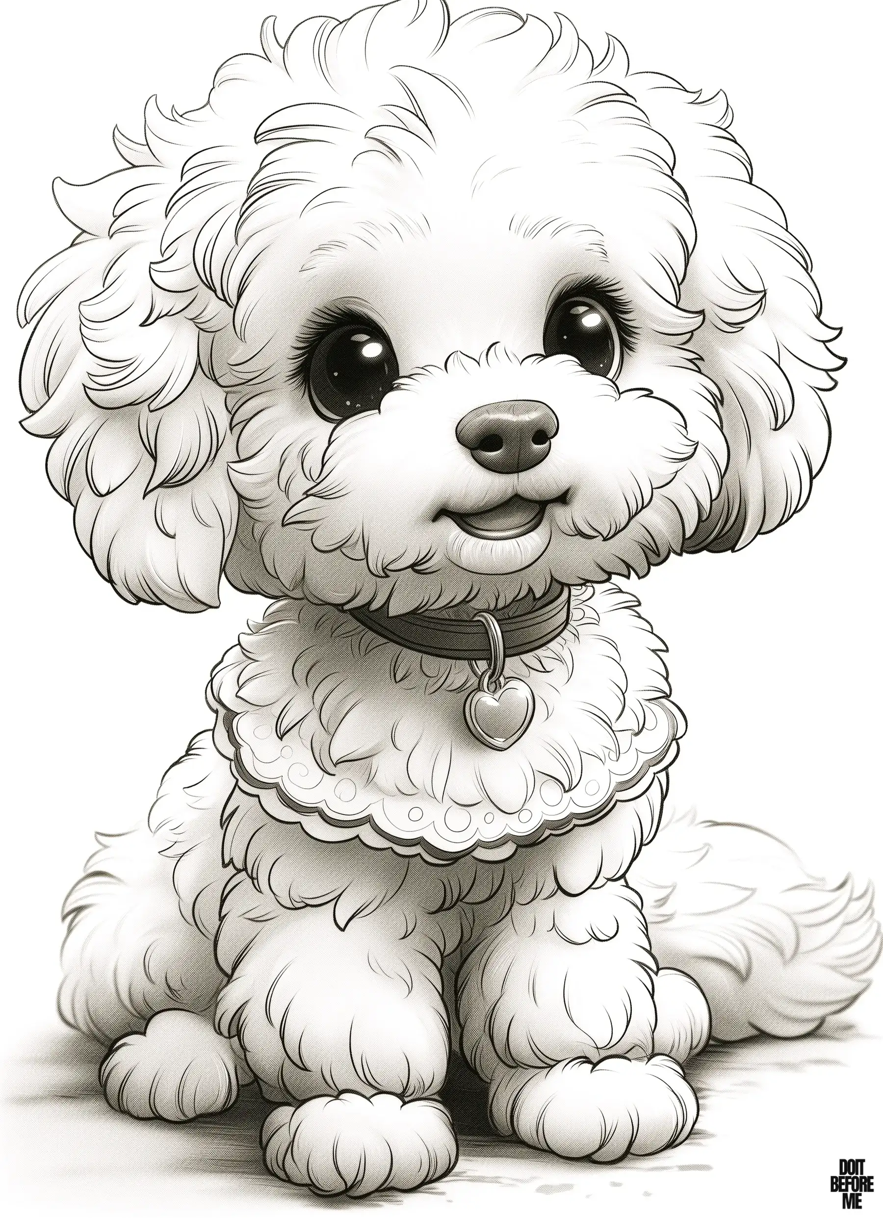 Printable coloring page featuring a toy poodle puppy designed for kids, offering simple details on a clear white background to facilitate easy coloring.