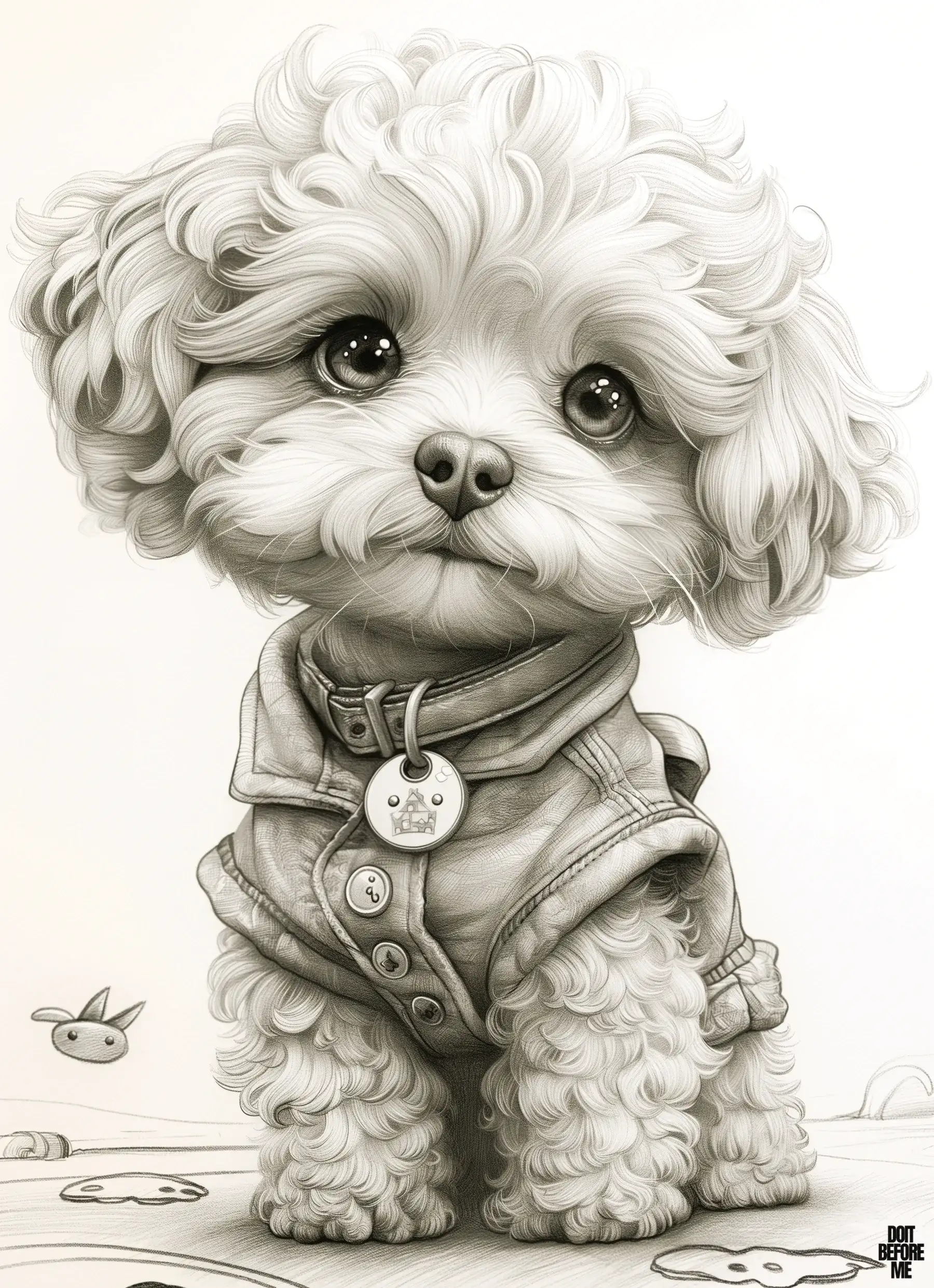 Coloring page featuring a cute, realistic, detailed poodle puppy surrounded by playful elements.