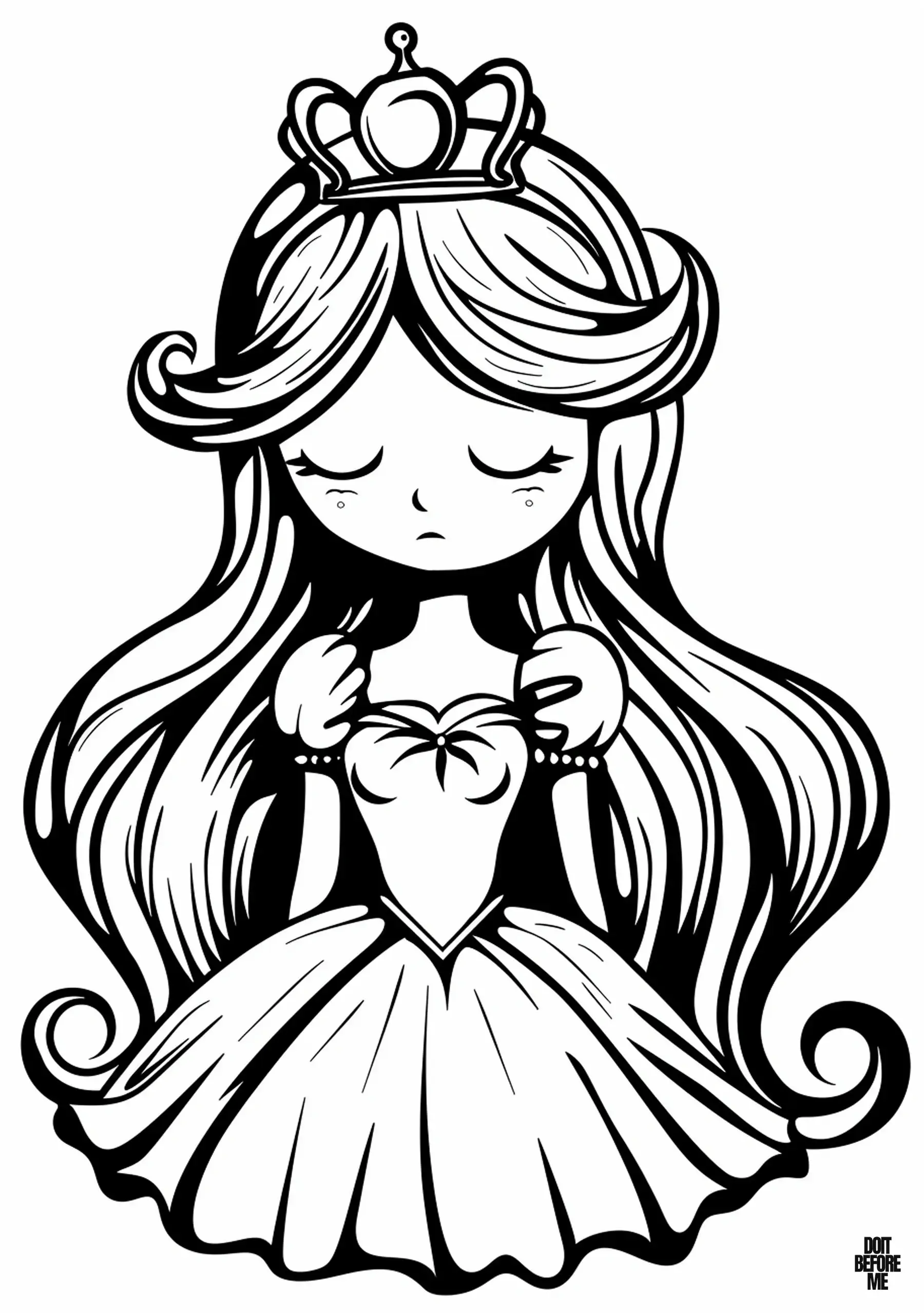 Sleeping Beauty Princess Coloring Page: Depicting a princess standing sadly, her eyes closed and her hair cascading down to the floor.