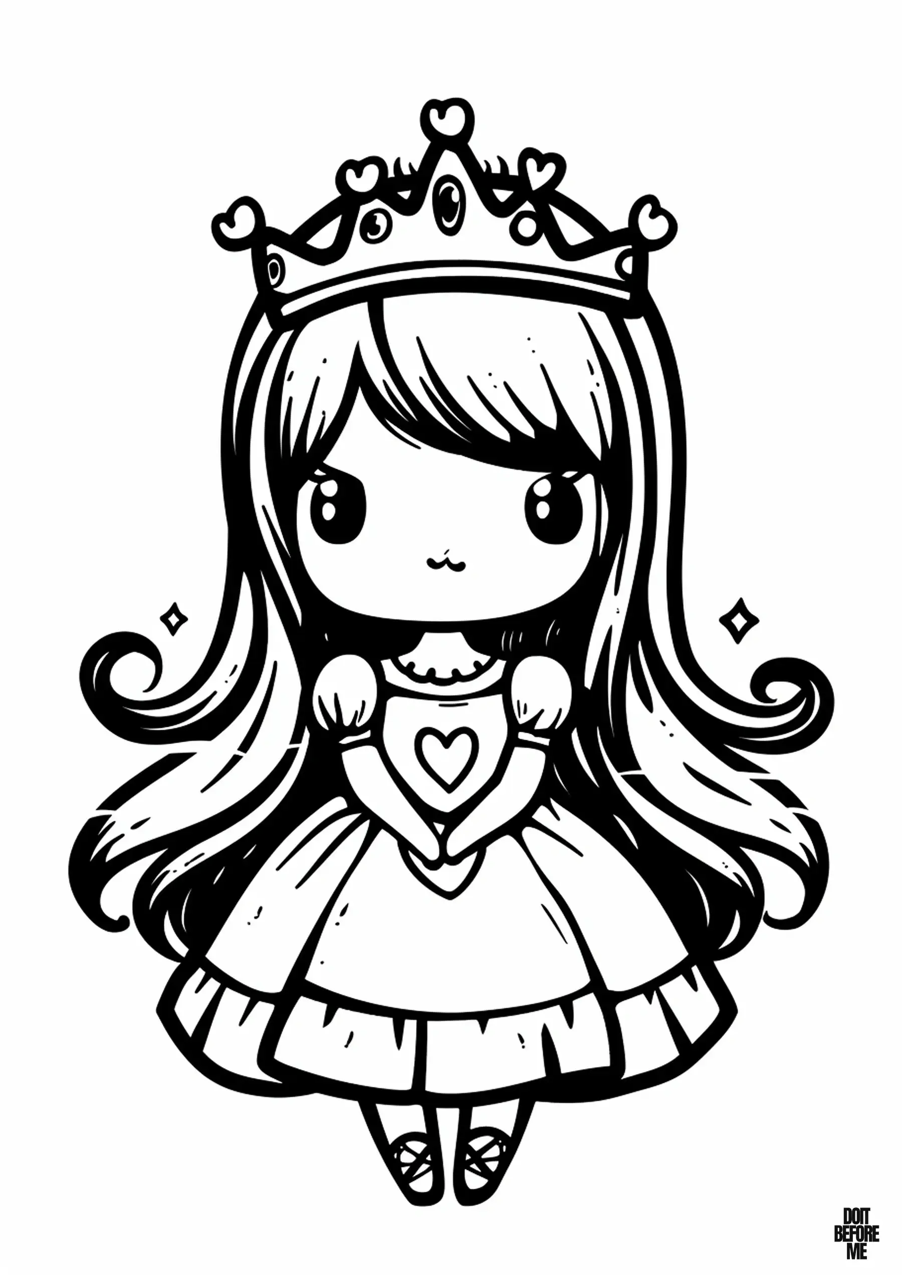 A coloring sheet featuring a well-behaved princess with her mouth pursed, wearing a royal crown, stands in a dress adorned with a heart sign.