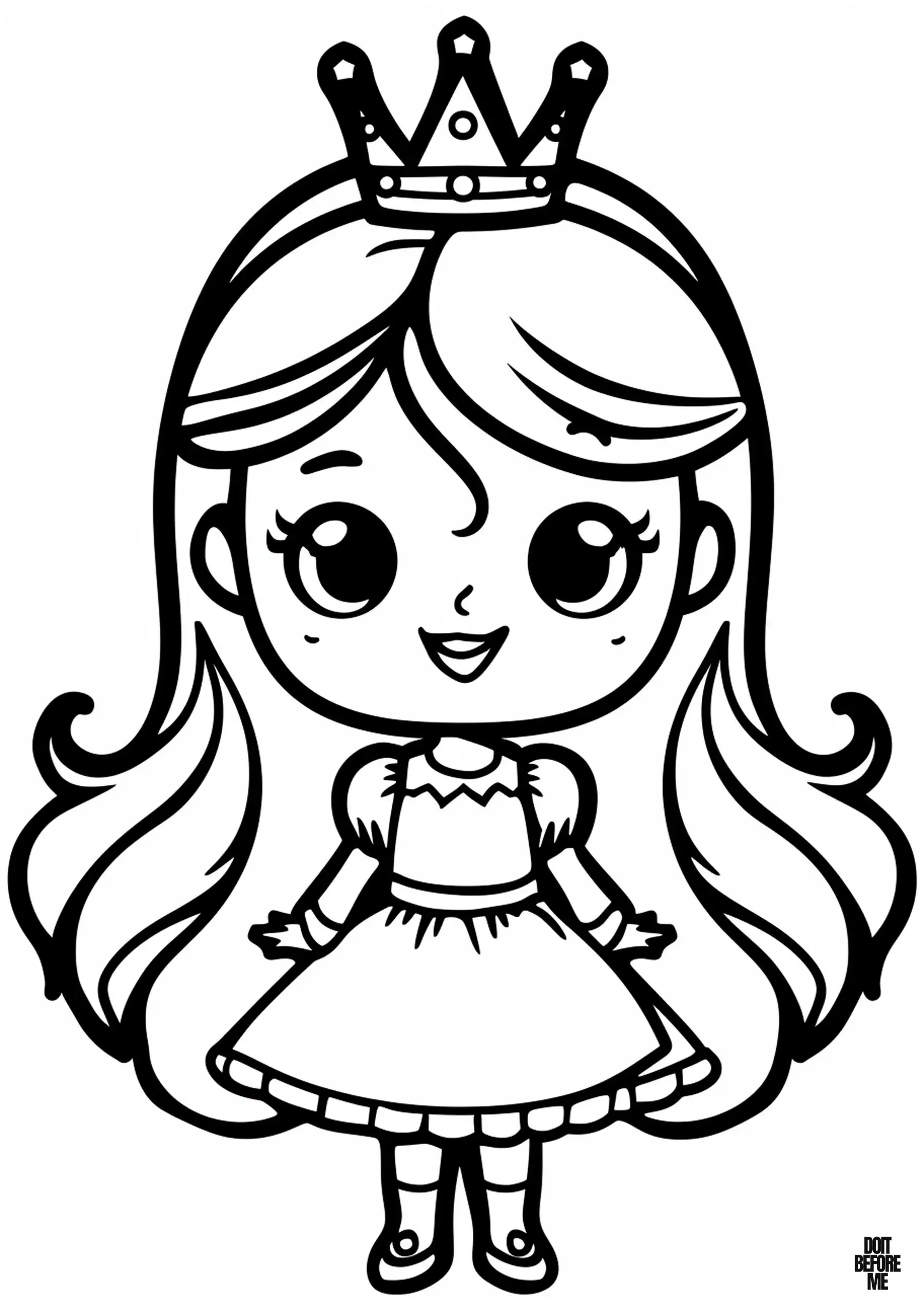 Coloring page for kids featuring a princess with long hair, full lips, and a single strand falling on her forehead.