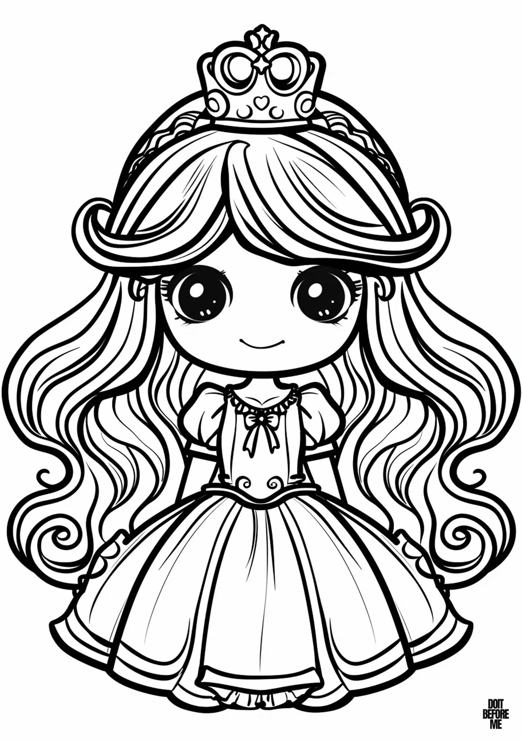 A smiling princess coloring page with big eyes and parted hair, featuring detailed but easily colorable hair. The printable sheet is suitable for children due to its easy-to-color design, while its cute and detailed features also make it appropriate for adults to enjoy coloring.