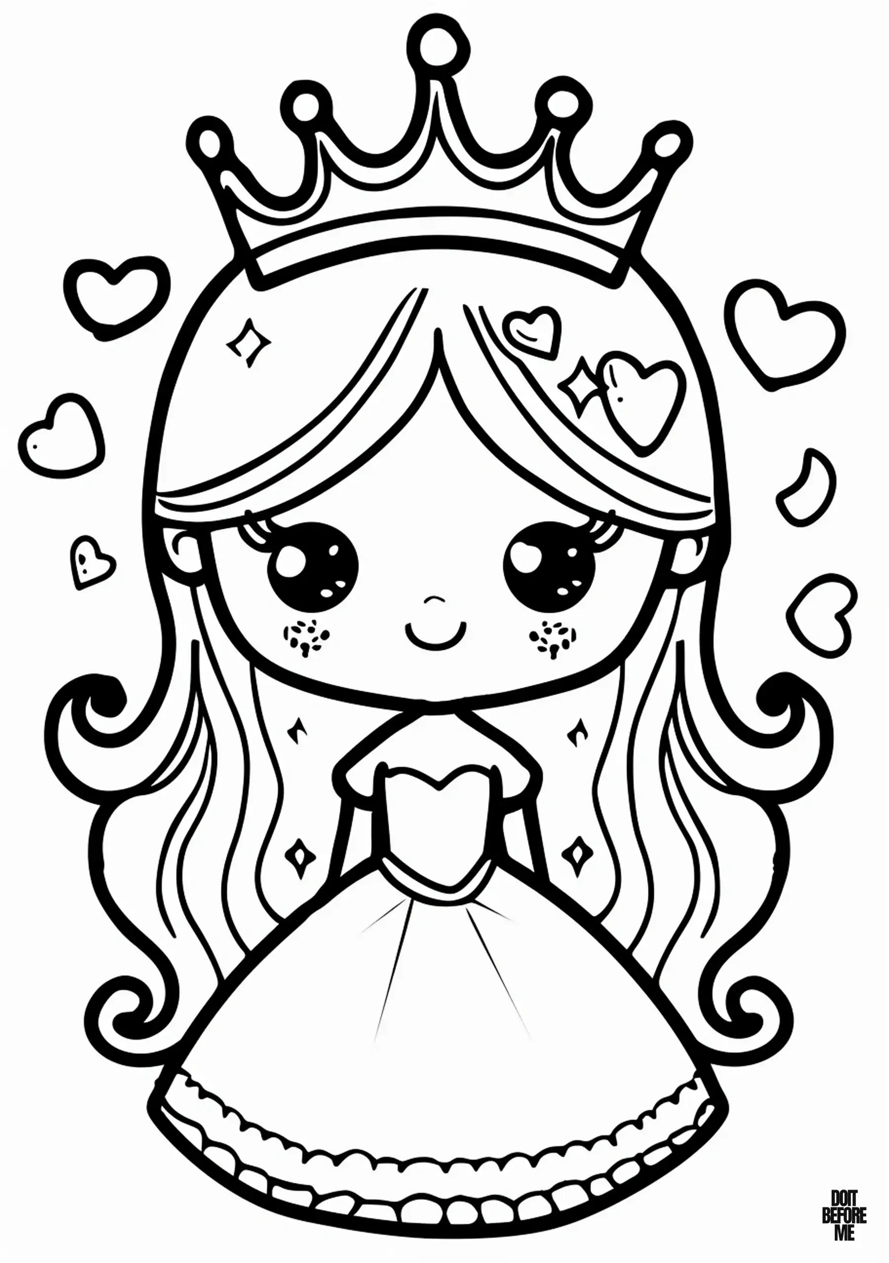 Printable coloring page depicting a charming, smiling princess surrounded by hearts, intended for girls.