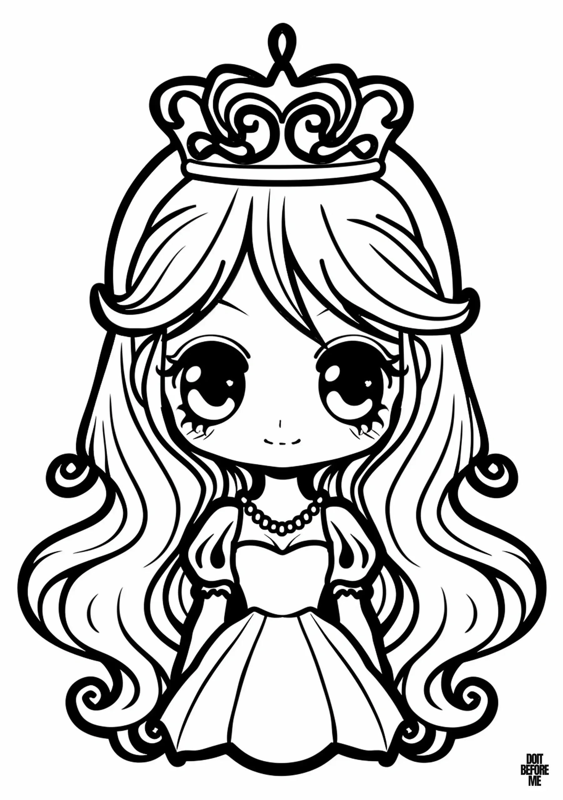 Coloring sheet featuring a kawaii princess adorned with big eyes, a pearl-beaded necklace, an elegant ball gown, and a royal crown, depicted with long messy hair.