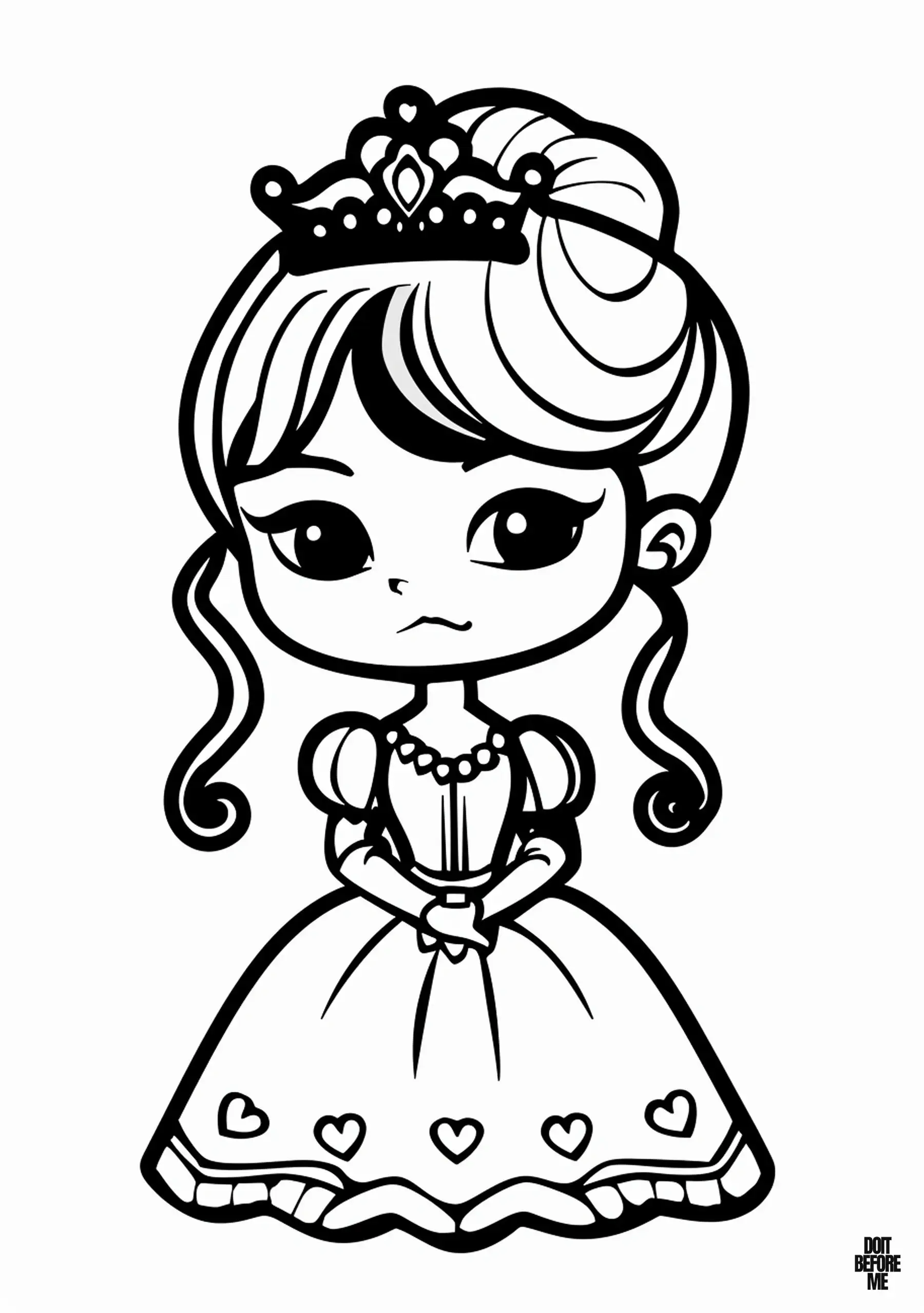 Evil princess coloring page, with her hands clasped on her waist and looking suspicious as if she is making a plan, has a pearl necklace and a dress and crown with hearts on the hem of the skirt.