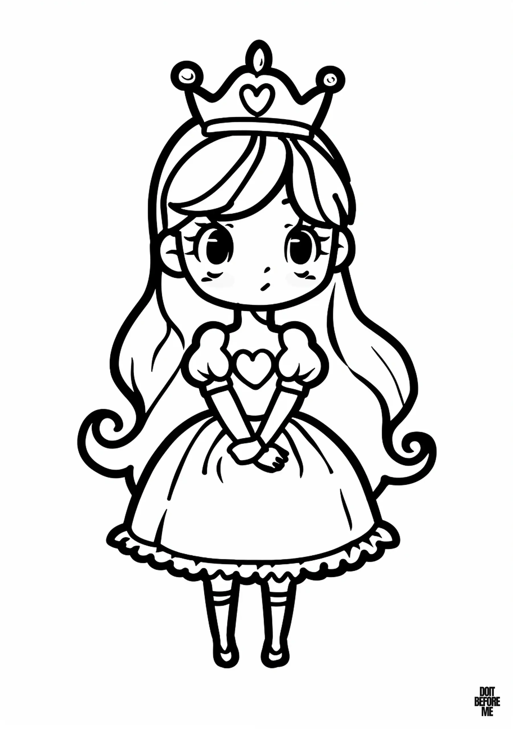 A coloring page depicting a well-behaved princess wearing a dress adorned with a heart over her belly, showcasing her entire body.