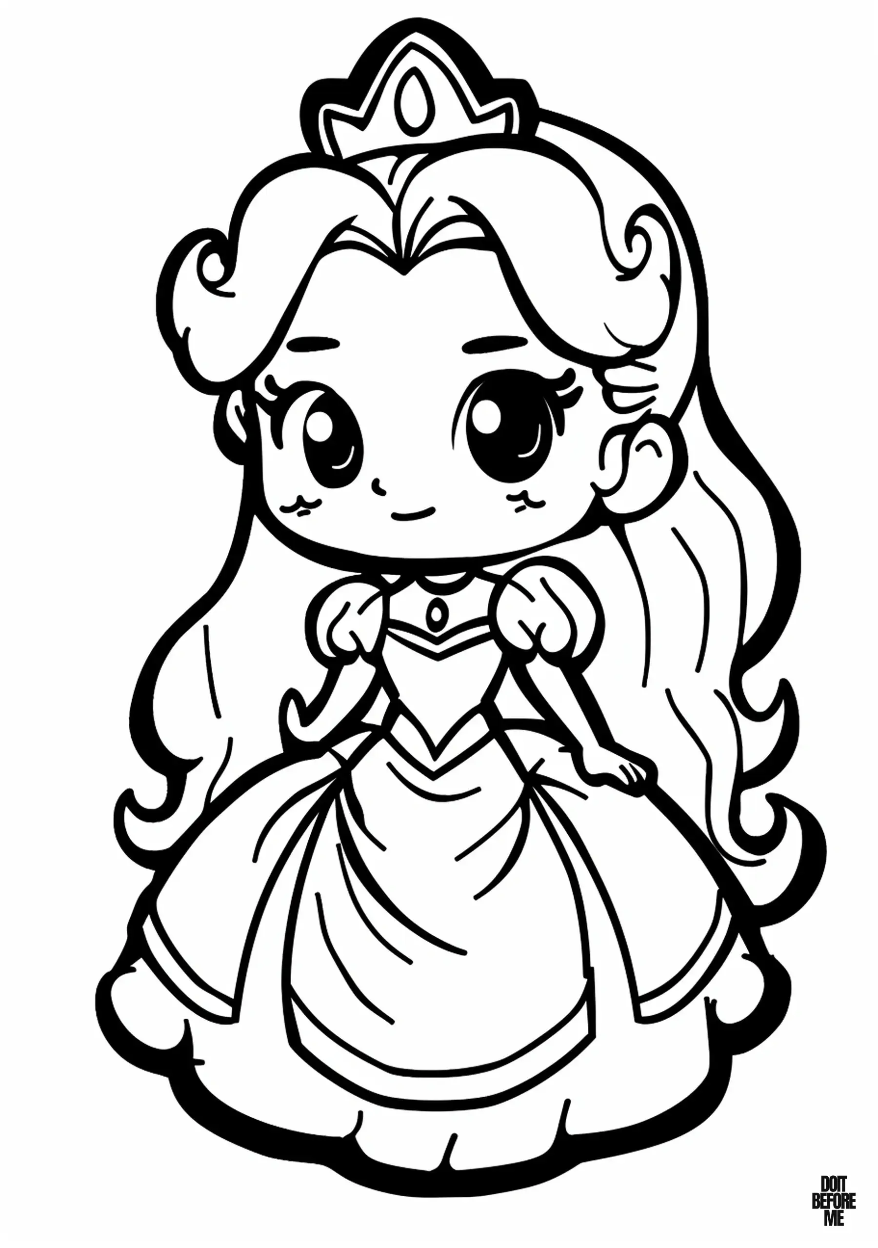 The coloring page featuring a chibi princess depicts large eyes.