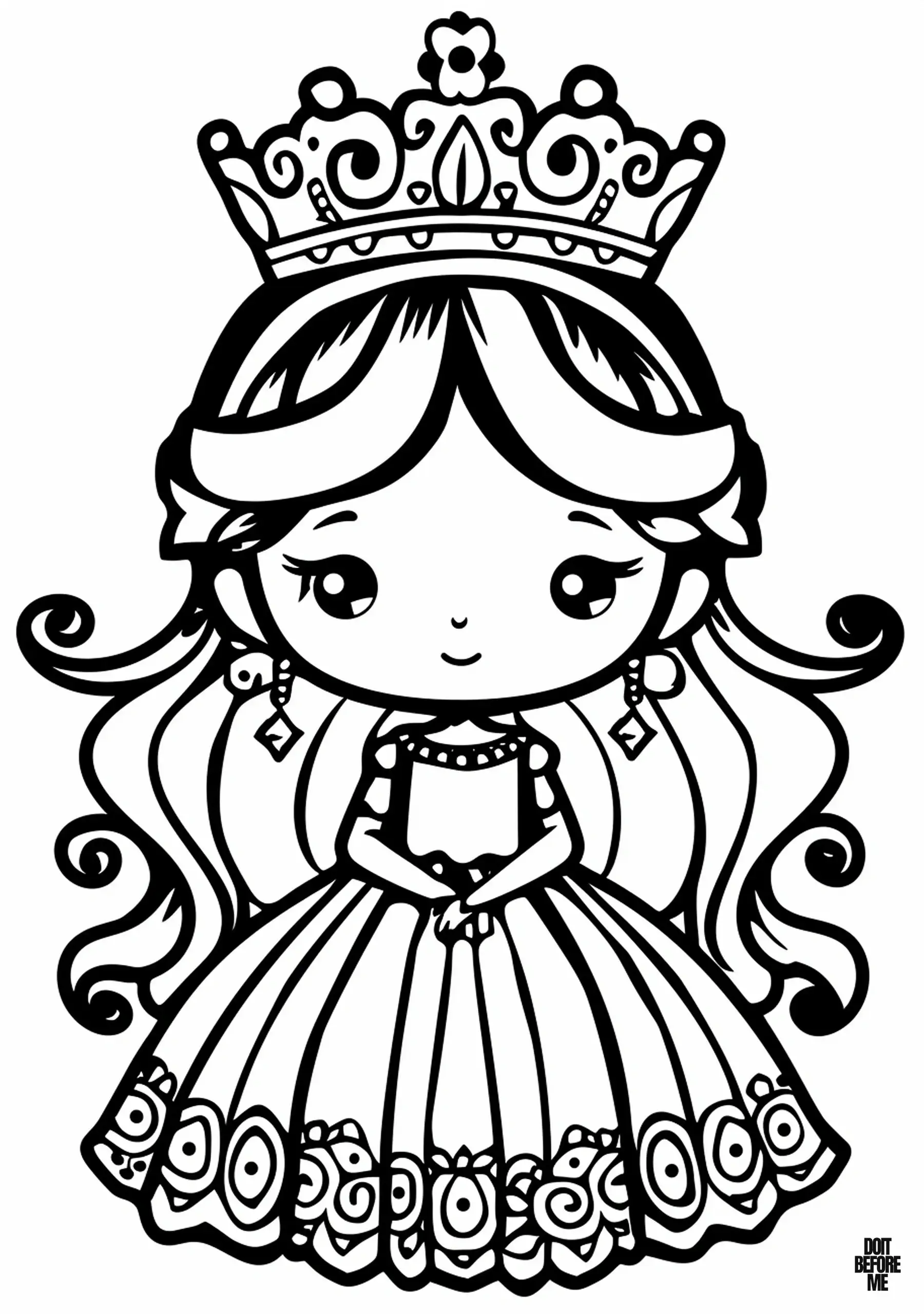 Princess in an elegant noble dress with earrings in both ears: coloring sheets for girls.