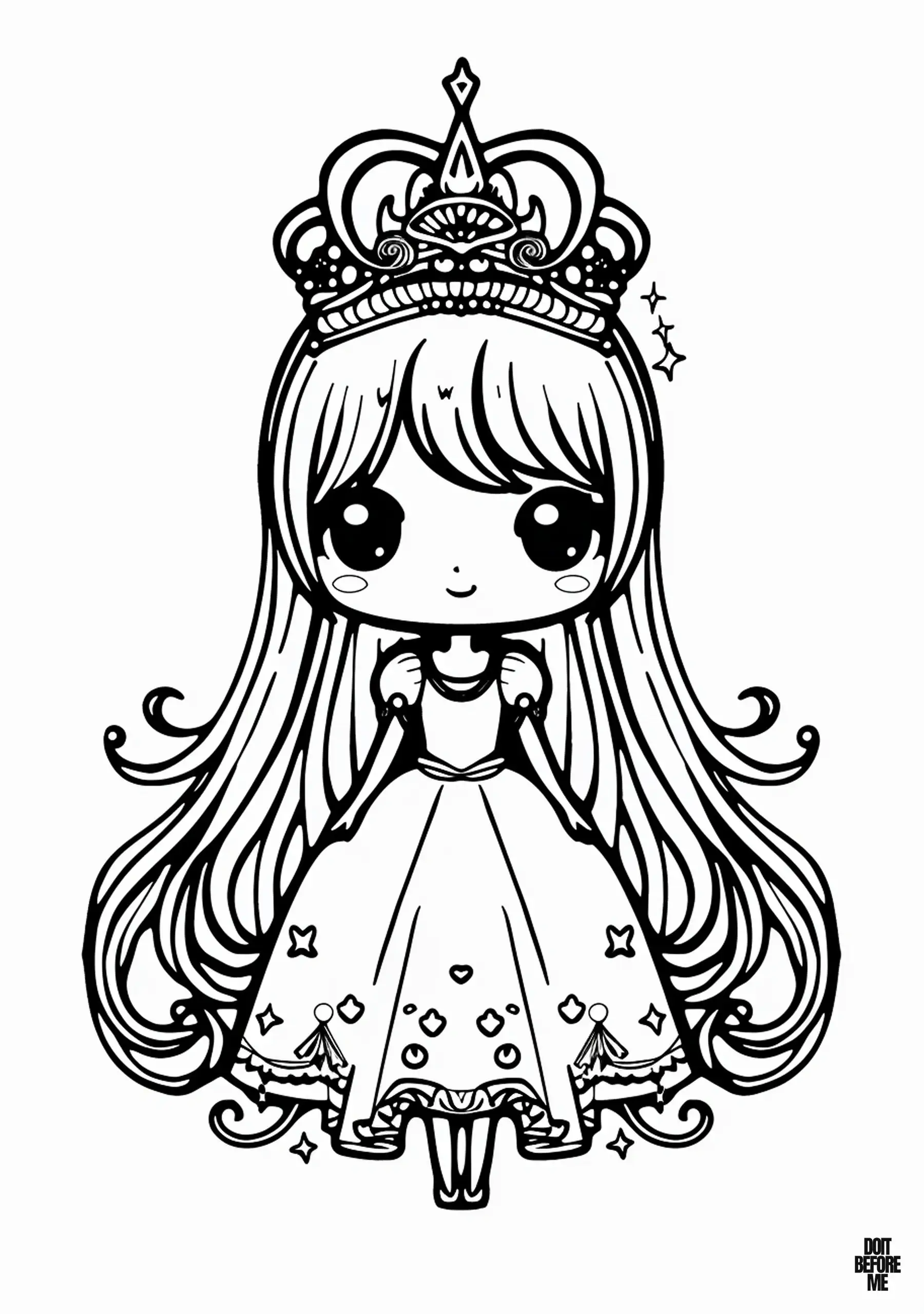 Coloring page of a princess with long hair that reaches her feet and big eyes and flushed cheeks.