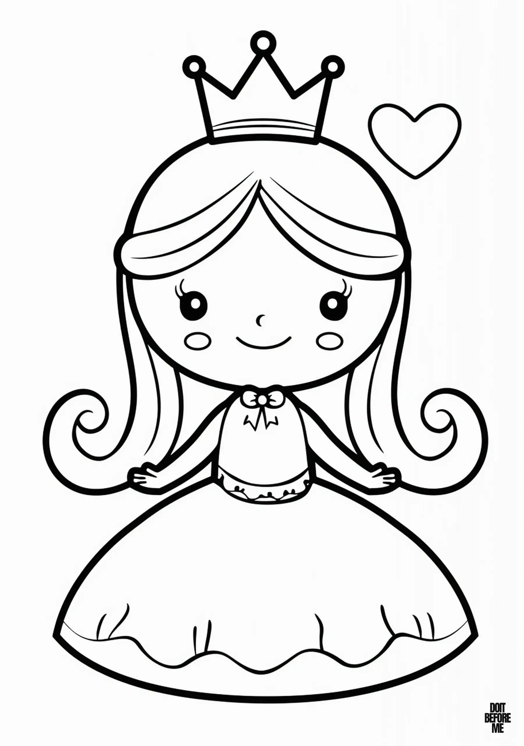 Printable princess coloring page is designed in an easy-to-color, simple, and elegant manner, making it suitable for children. It features a colorable heart positioned adjacent to the princess. The royal figure is adorned with a crown and wears a simple skirted dress embellished with ribbons, while her hands are gracefully positioned at her sides. Additionally, her hair is neatly combed to the sides, enhancing the overall charm of the illustration.